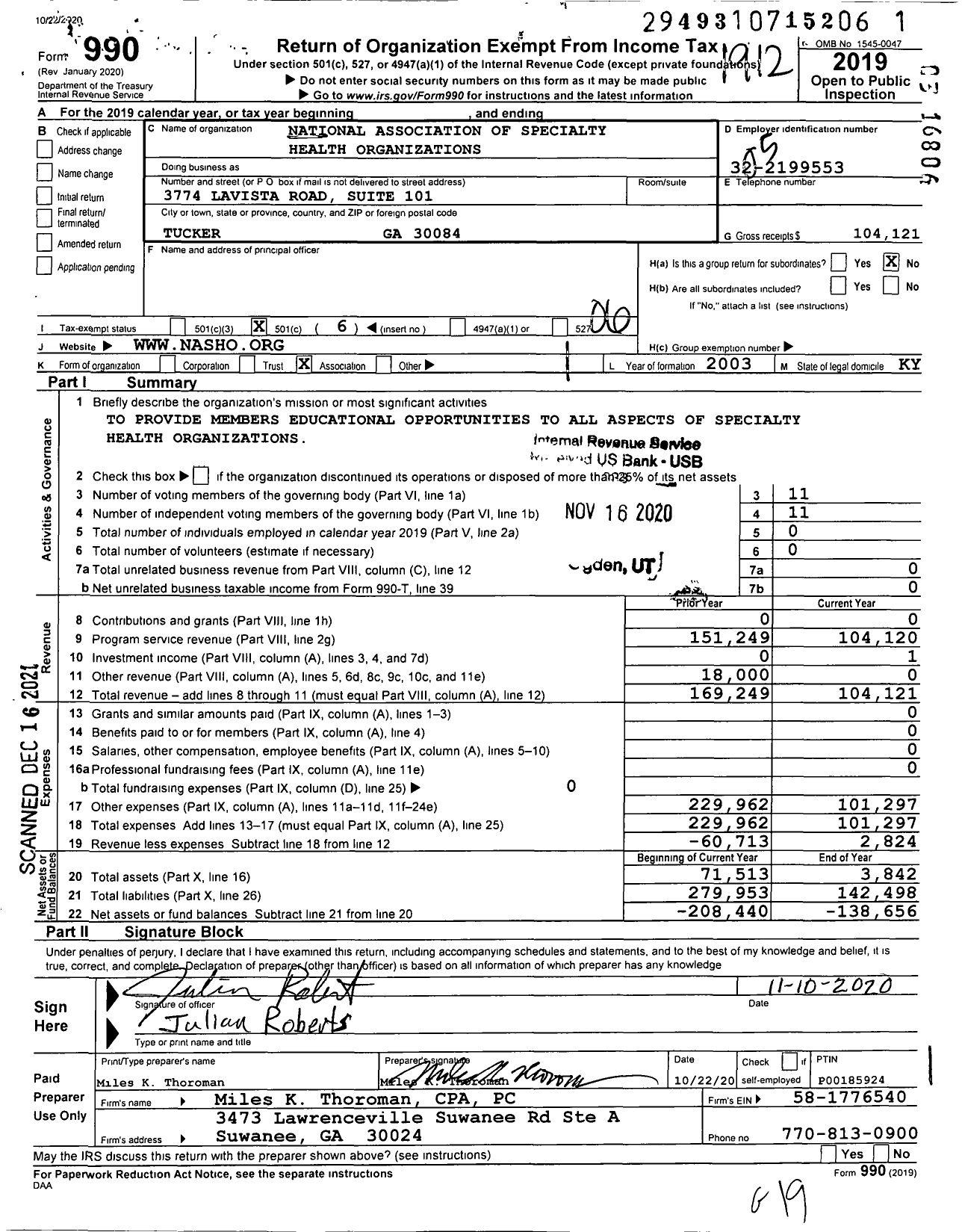 Image of first page of 2019 Form 990O for National Association of Specialty Health Organizations (NASHO)