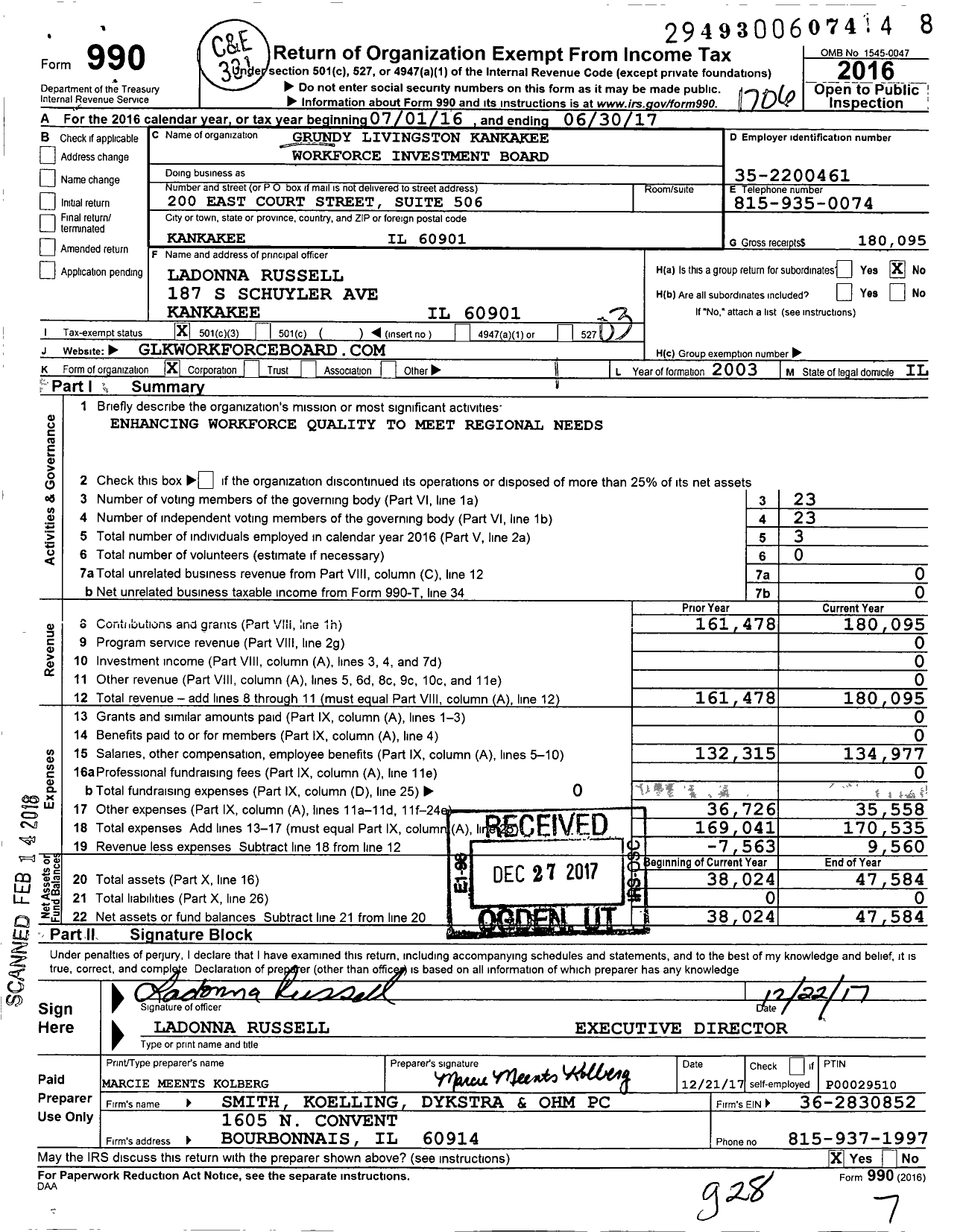 Image of first page of 2016 Form 990 for Grundy Livingston Kankakee Workforce Investment Board