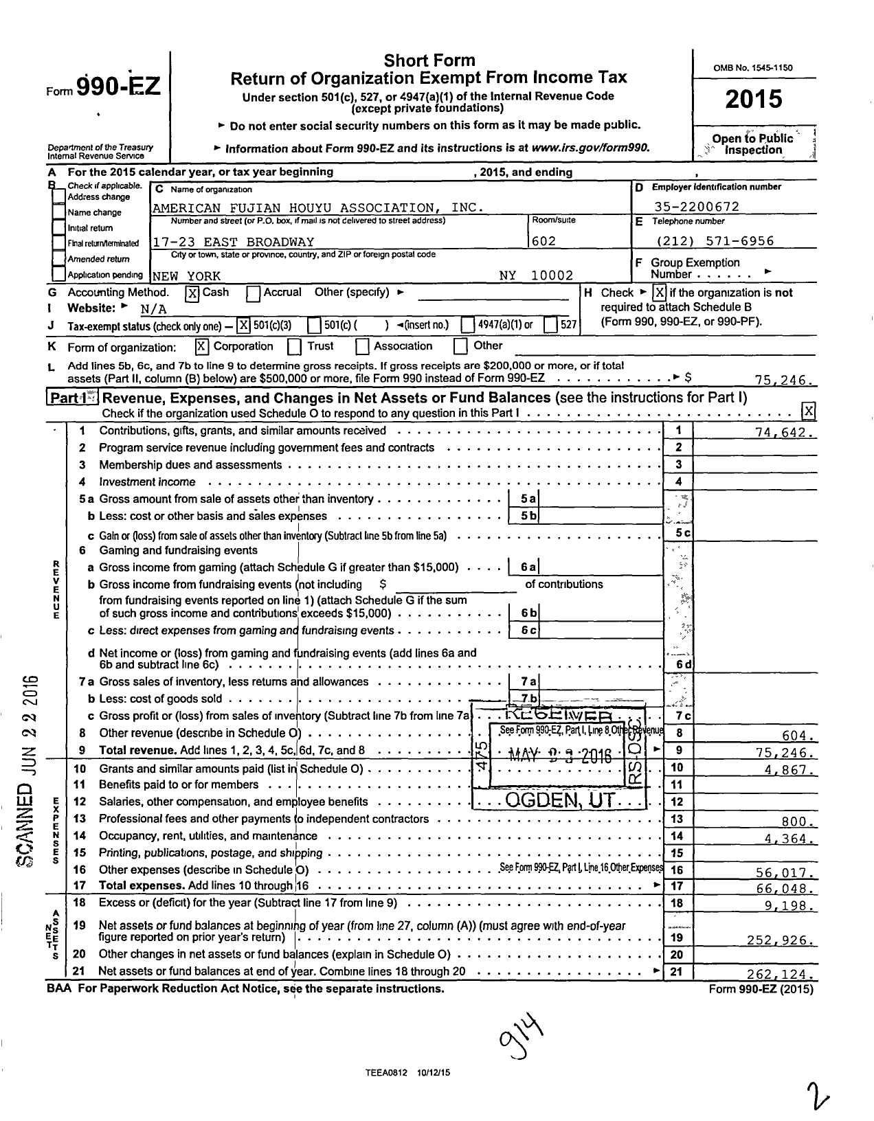 Image of first page of 2015 Form 990EZ for American Fujian Houyu Association