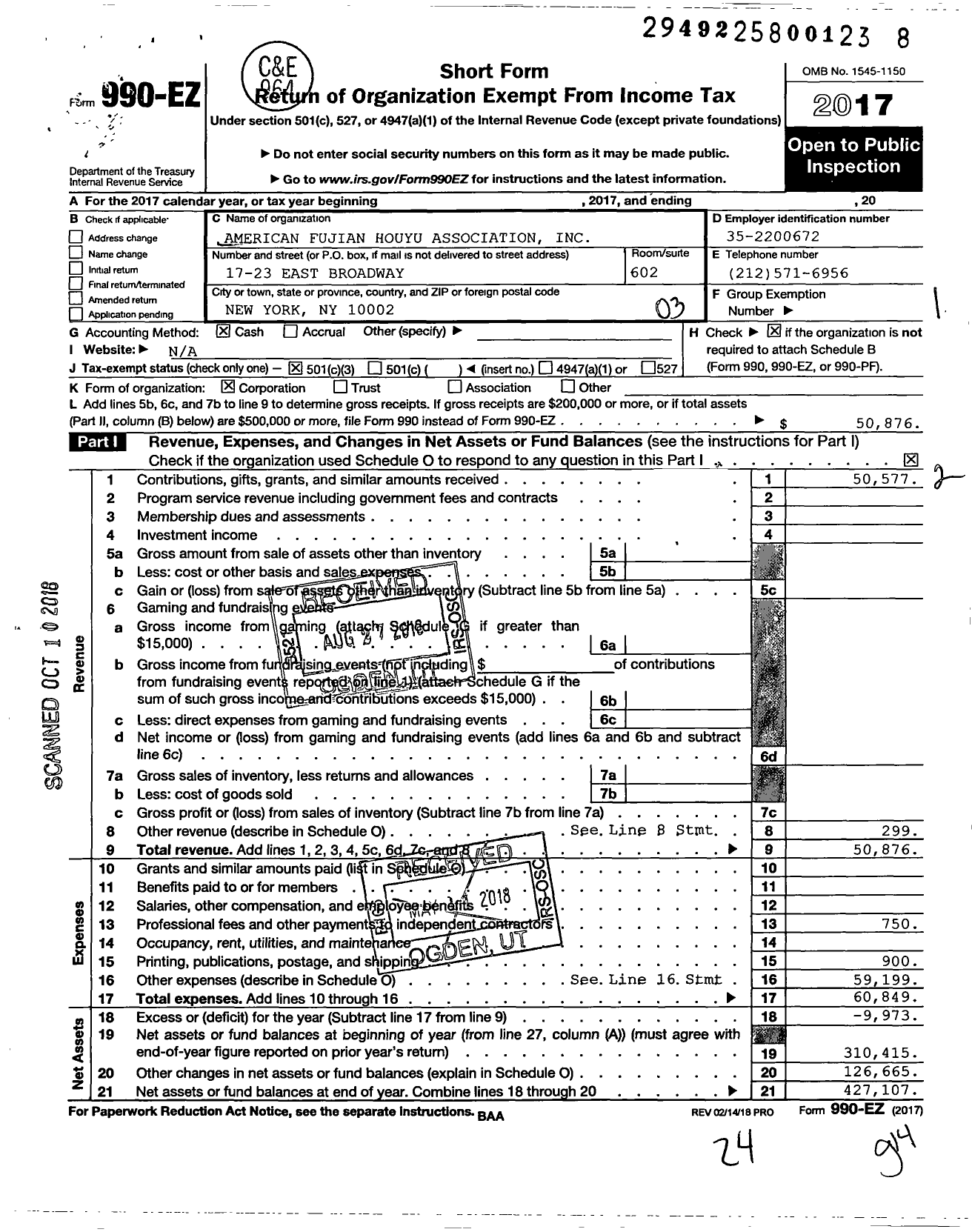 Image of first page of 2017 Form 990EZ for American Fujian Houyu Association