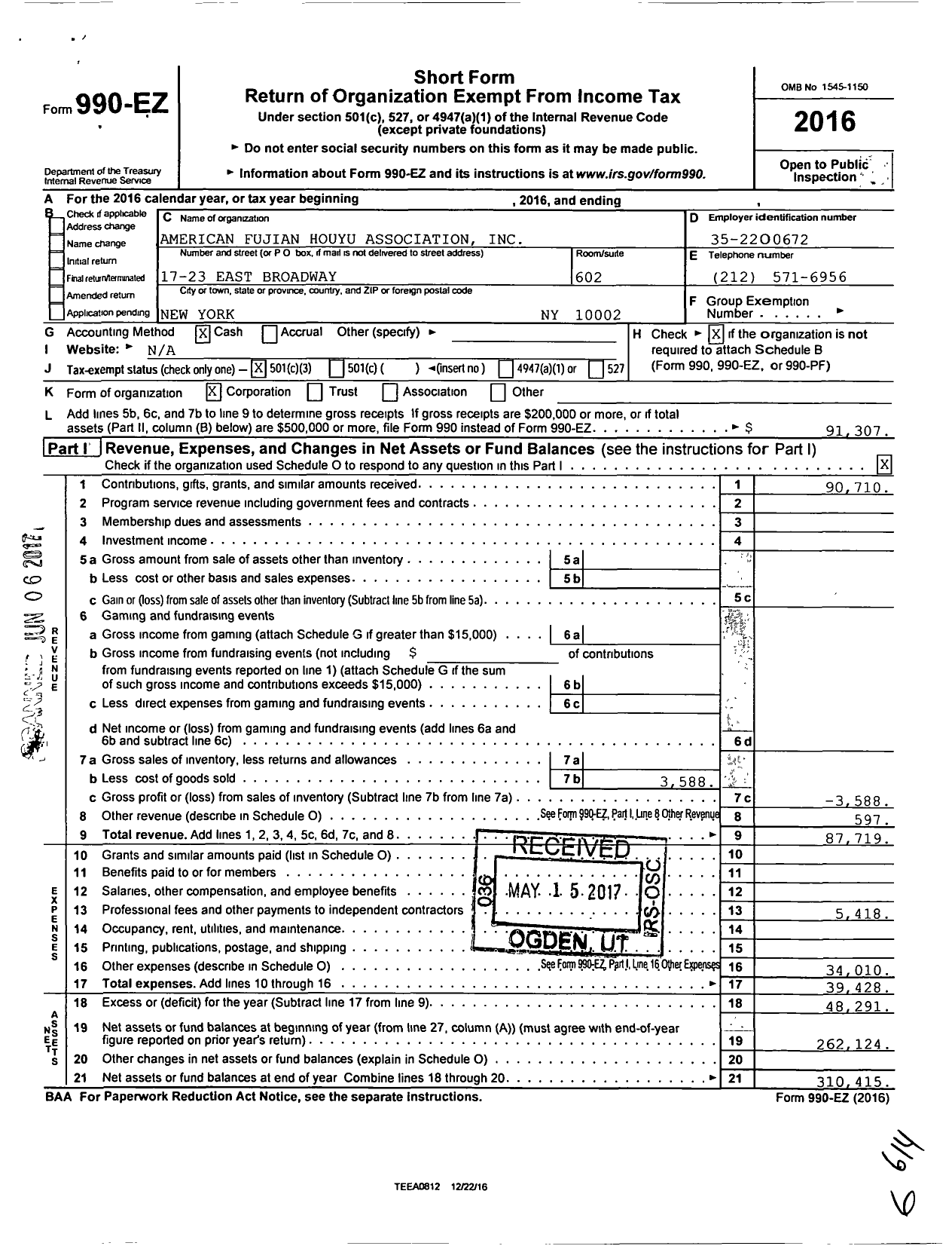 Image of first page of 2016 Form 990EZ for American Fujian Houyu Association