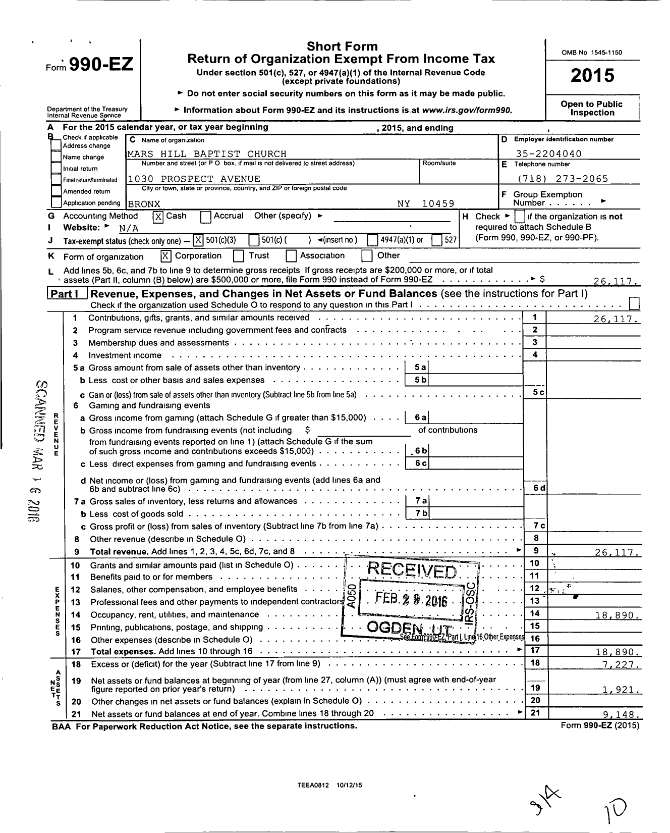 Image of first page of 2015 Form 990EZ for Mars Hill Baptist Church