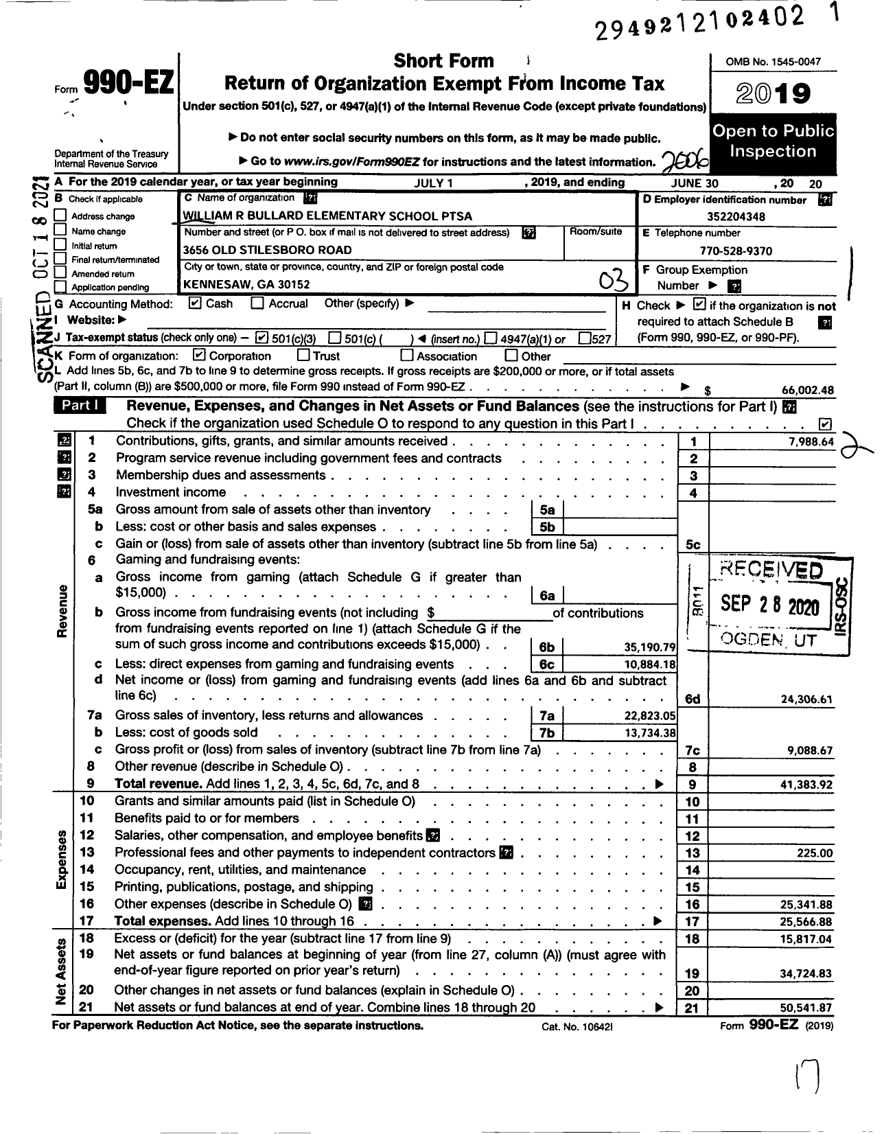 Image of first page of 2019 Form 990EZ for Georgia PTA - Bullard Es Ptsa