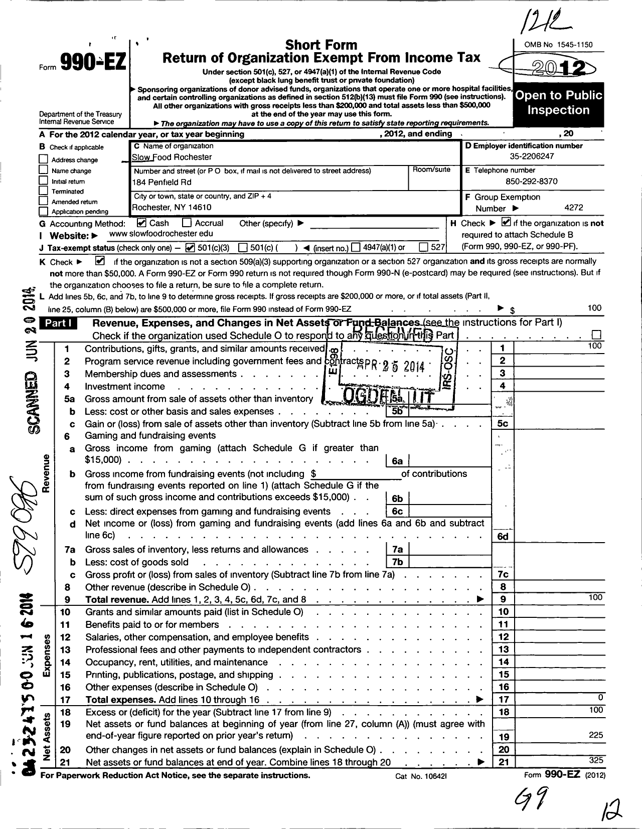 Image of first page of 2012 Form 990EZ for Slow Food USA / Slow Food Greater Rochester