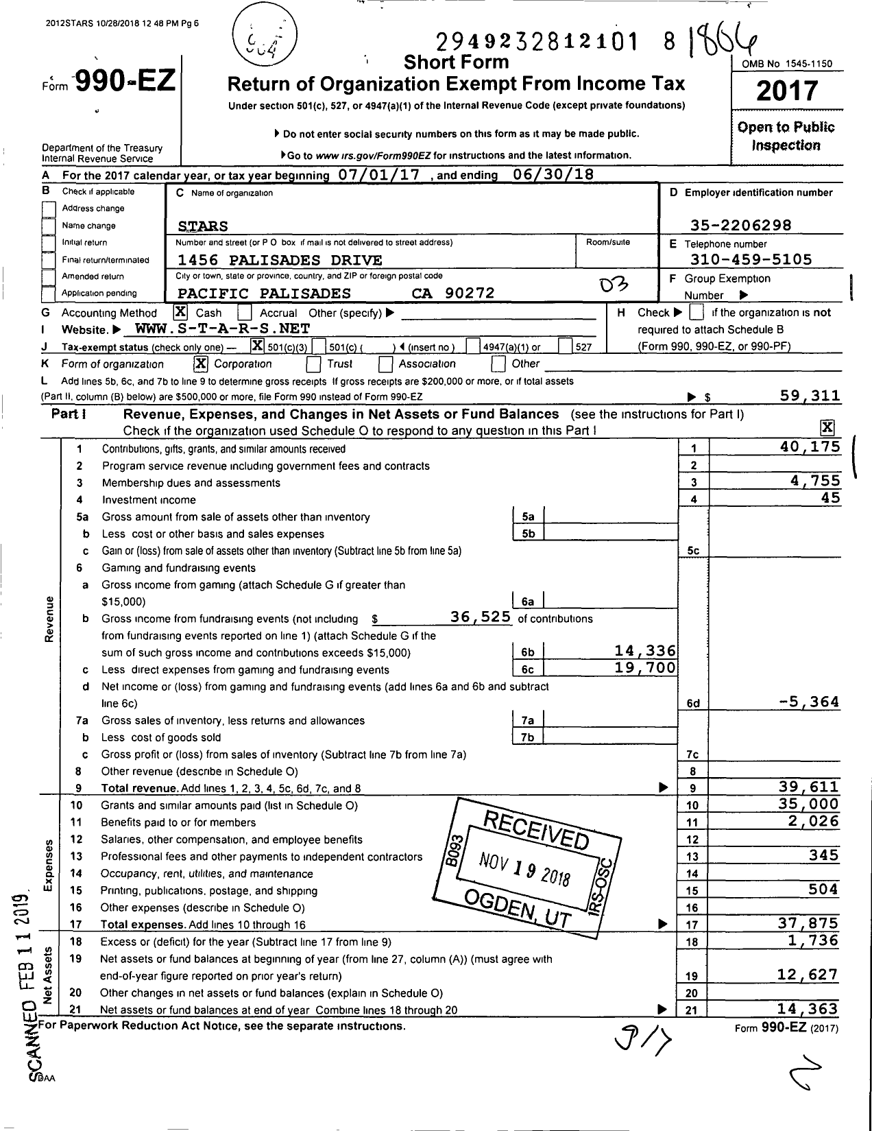 Image of first page of 2017 Form 990EZ for Stars
