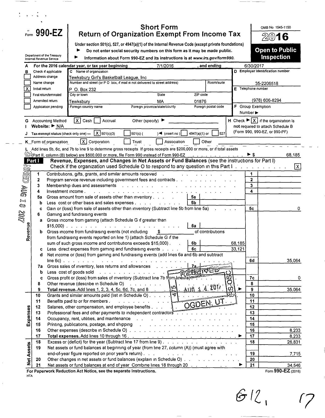 Image of first page of 2016 Form 990EZ for Tewksbury Girl's Basketball League