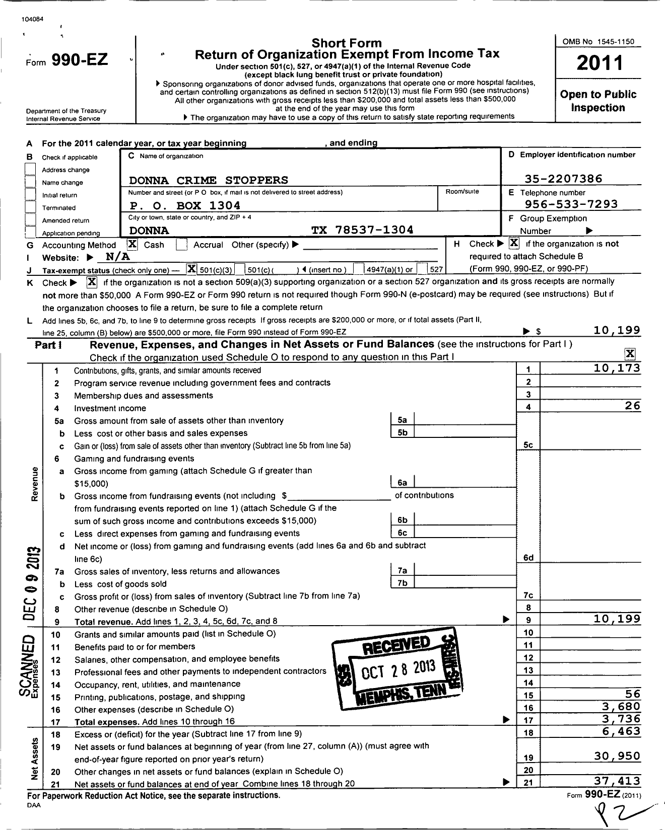 Image of first page of 2011 Form 990EZ for Donna Crime Stoppers