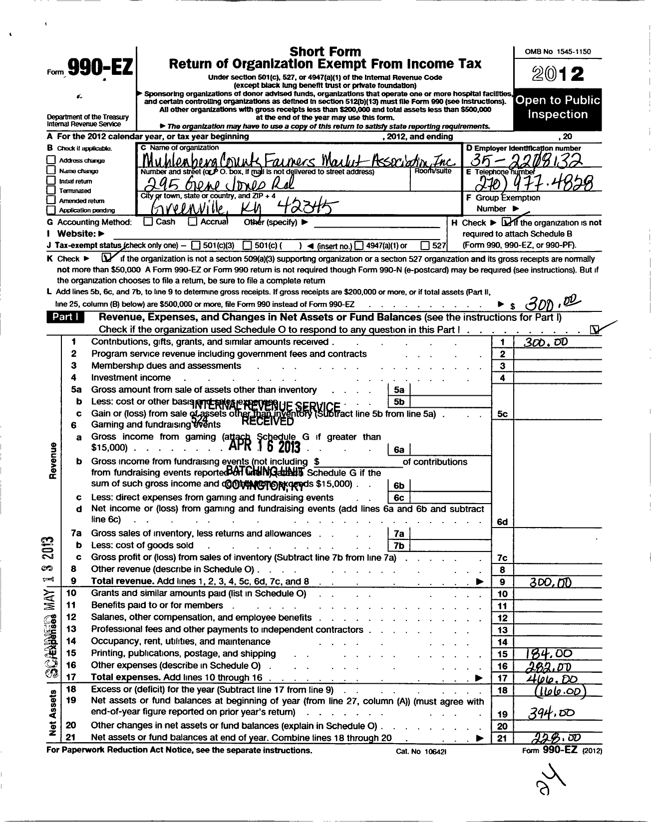 Image of first page of 2012 Form 990EO for Muhlenberg County Farmers Market