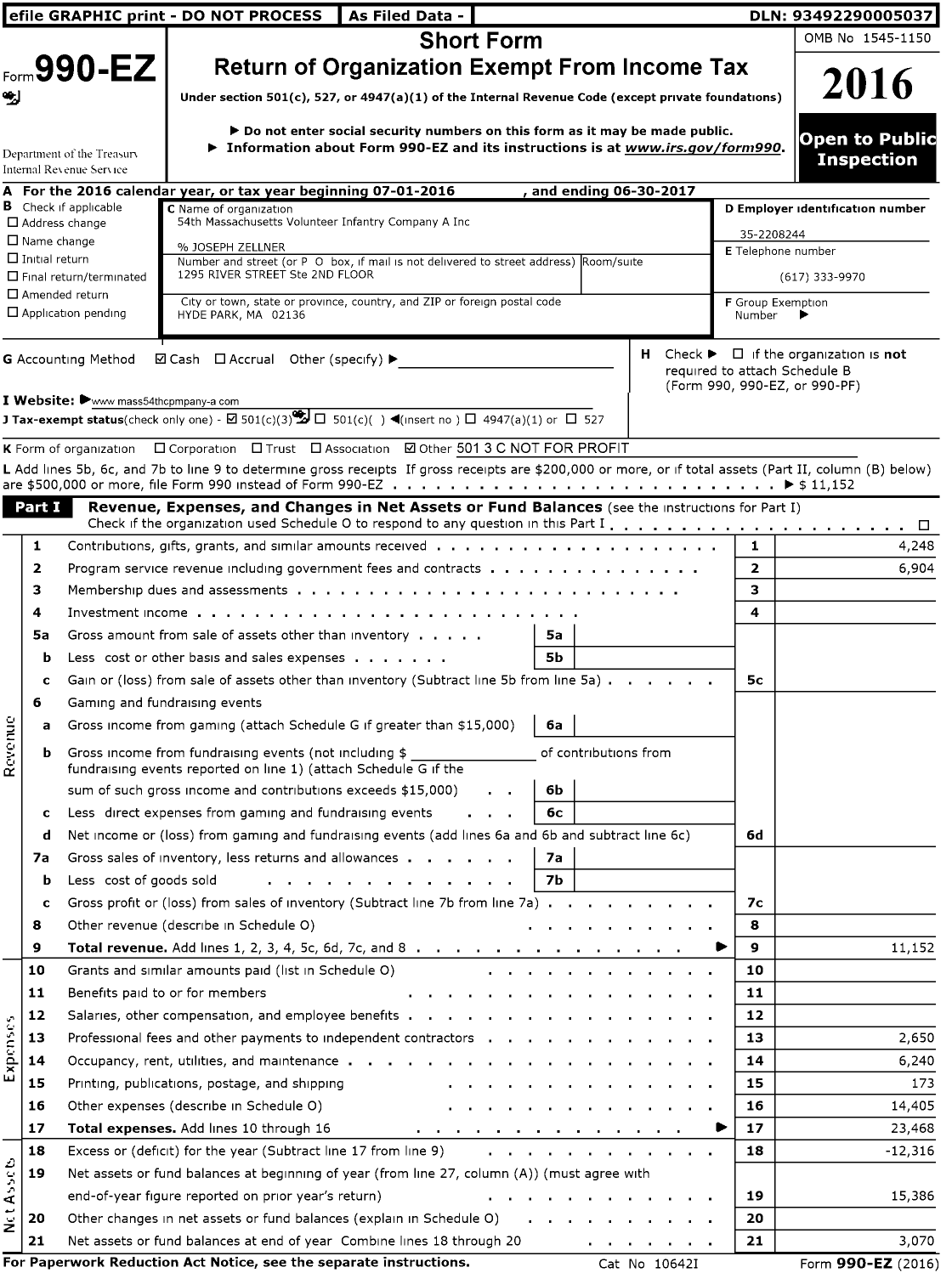 Image of first page of 2016 Form 990EZ for 54th Massachusetts Volunteer Infantry Company A