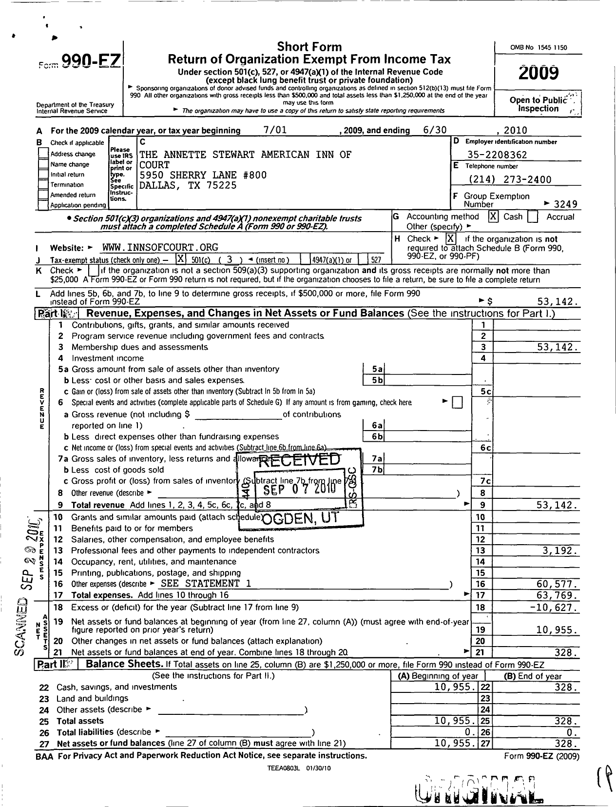 Image of first page of 2009 Form 990EZ for American Inns of Court Foundation - 30358 Annette Stewart Chapter