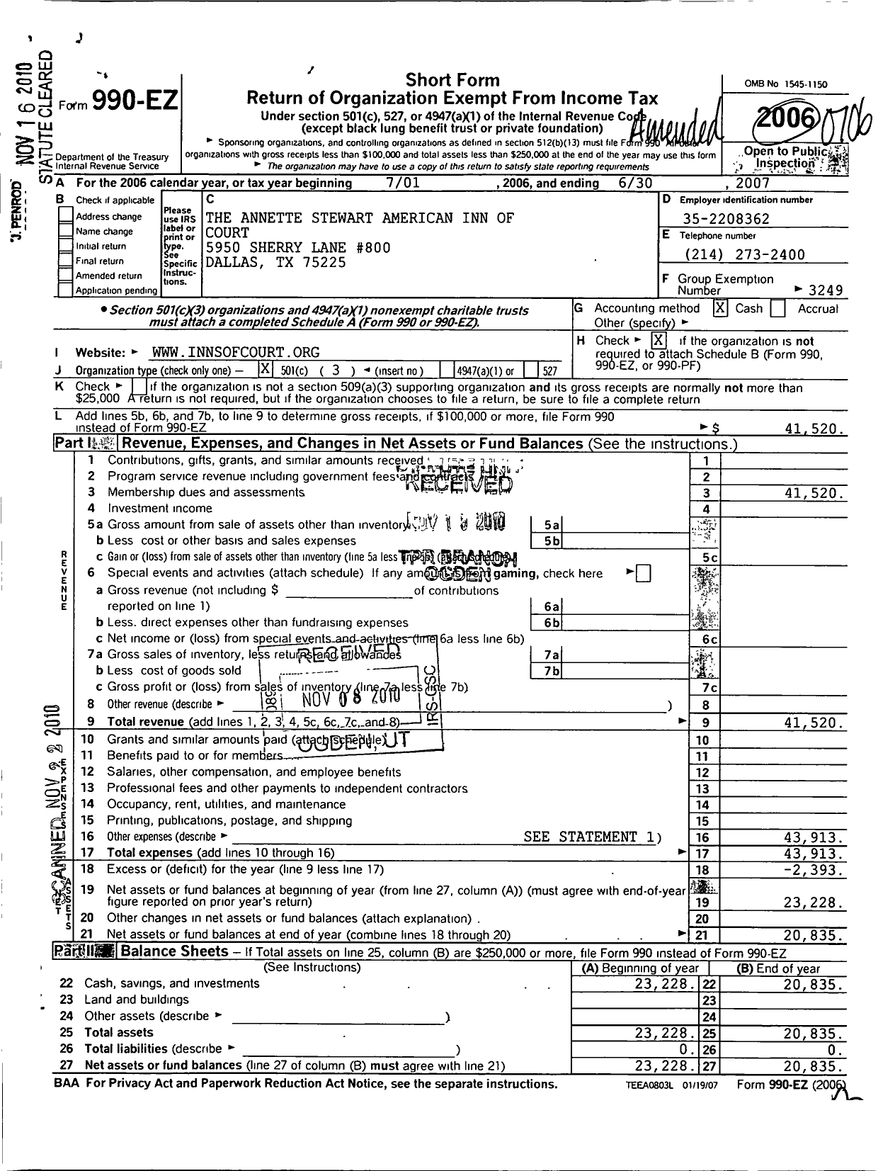 Image of first page of 2006 Form 990EZ for American Inns of Court Foundation - 30358 Annette Stewart Chapter