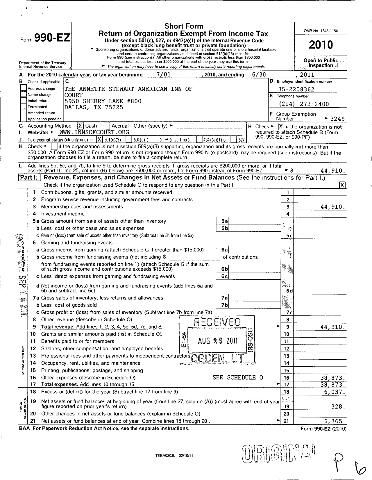 Image of first page of 2010 Form 990EZ for American Inns of Court Foundation - 30358 Annette Stewart Chapter