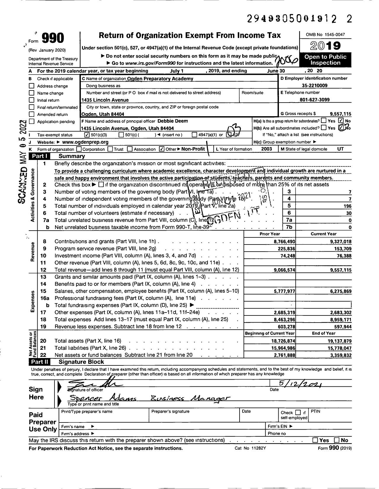 Image of first page of 2019 Form 990 for Ogden Preparatory Academy (OPA)