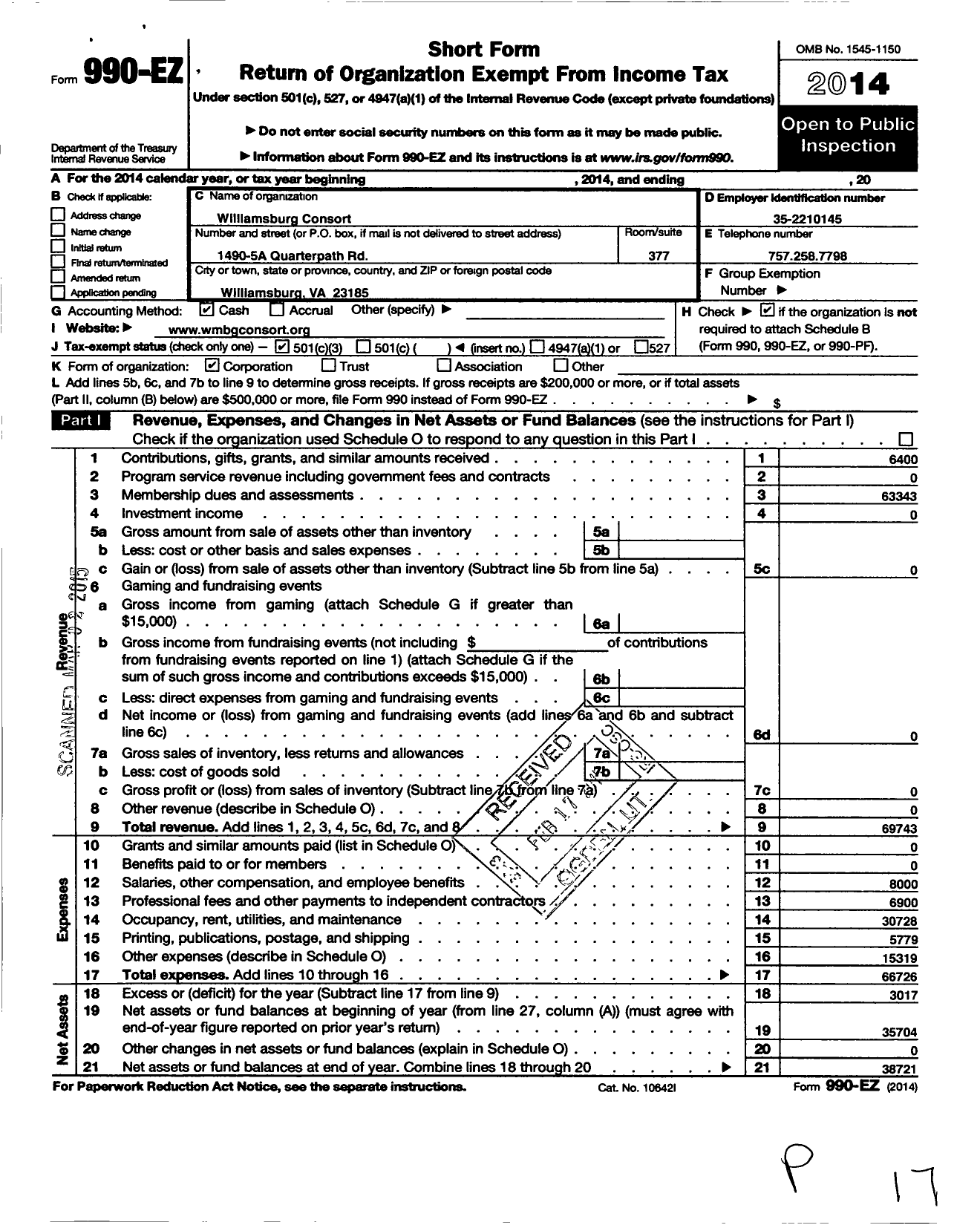 Image of first page of 2014 Form 990EZ for Williamsburg Consort