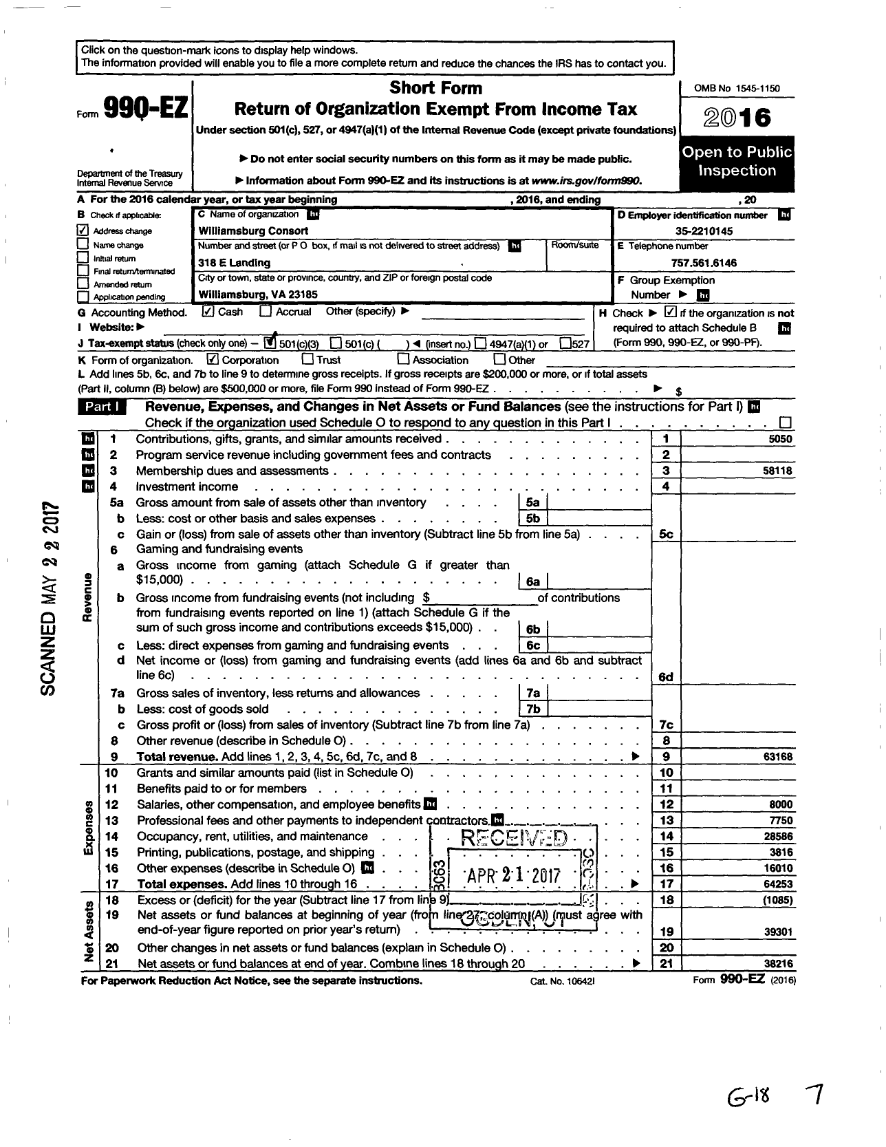 Image of first page of 2016 Form 990EZ for Williamsburg Consort