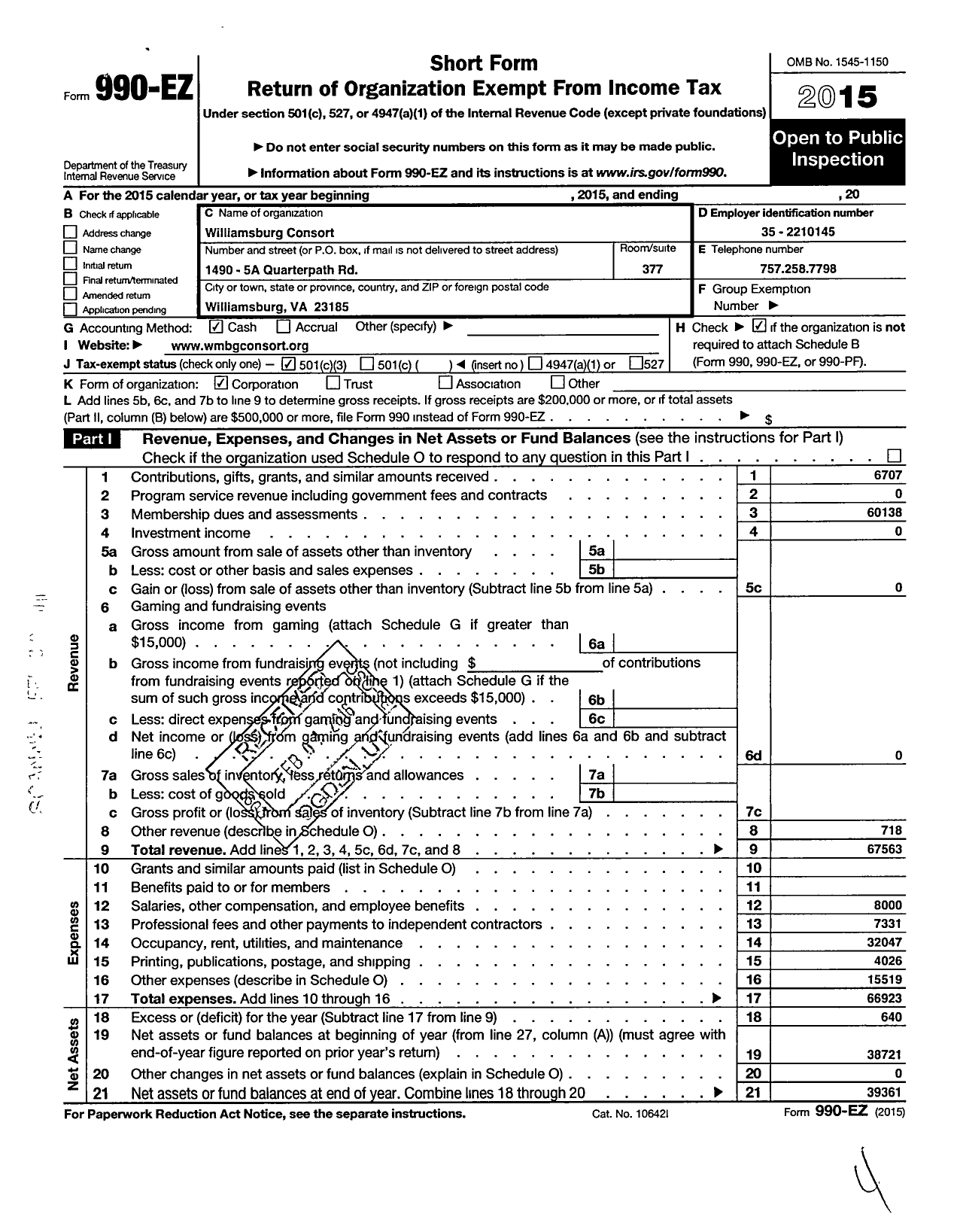 Image of first page of 2015 Form 990EZ for Williamsburg Consort