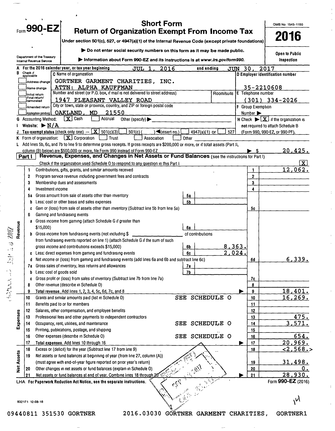 Image of first page of 2016 Form 990EZ for Gortner Garment Charities