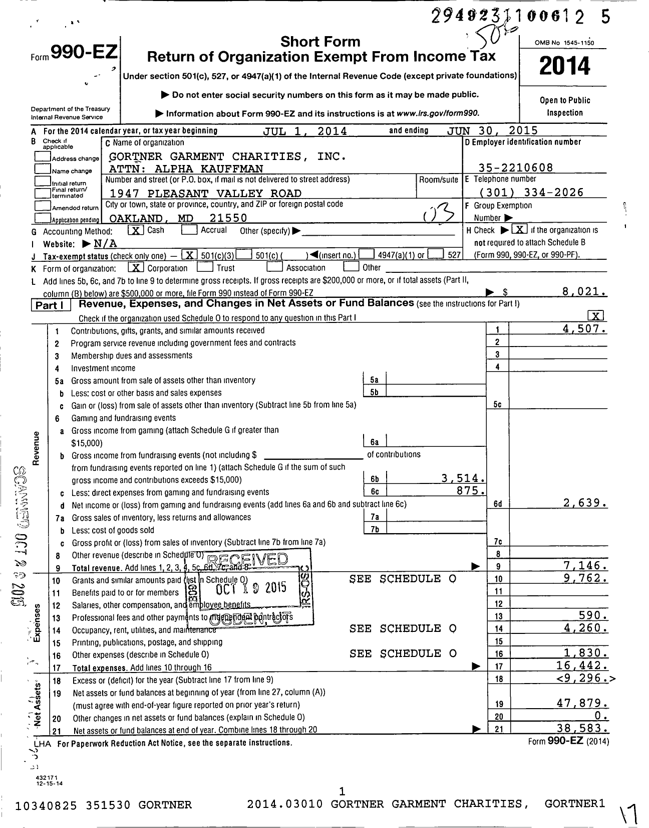 Image of first page of 2014 Form 990EZ for Gortner Garment Charities