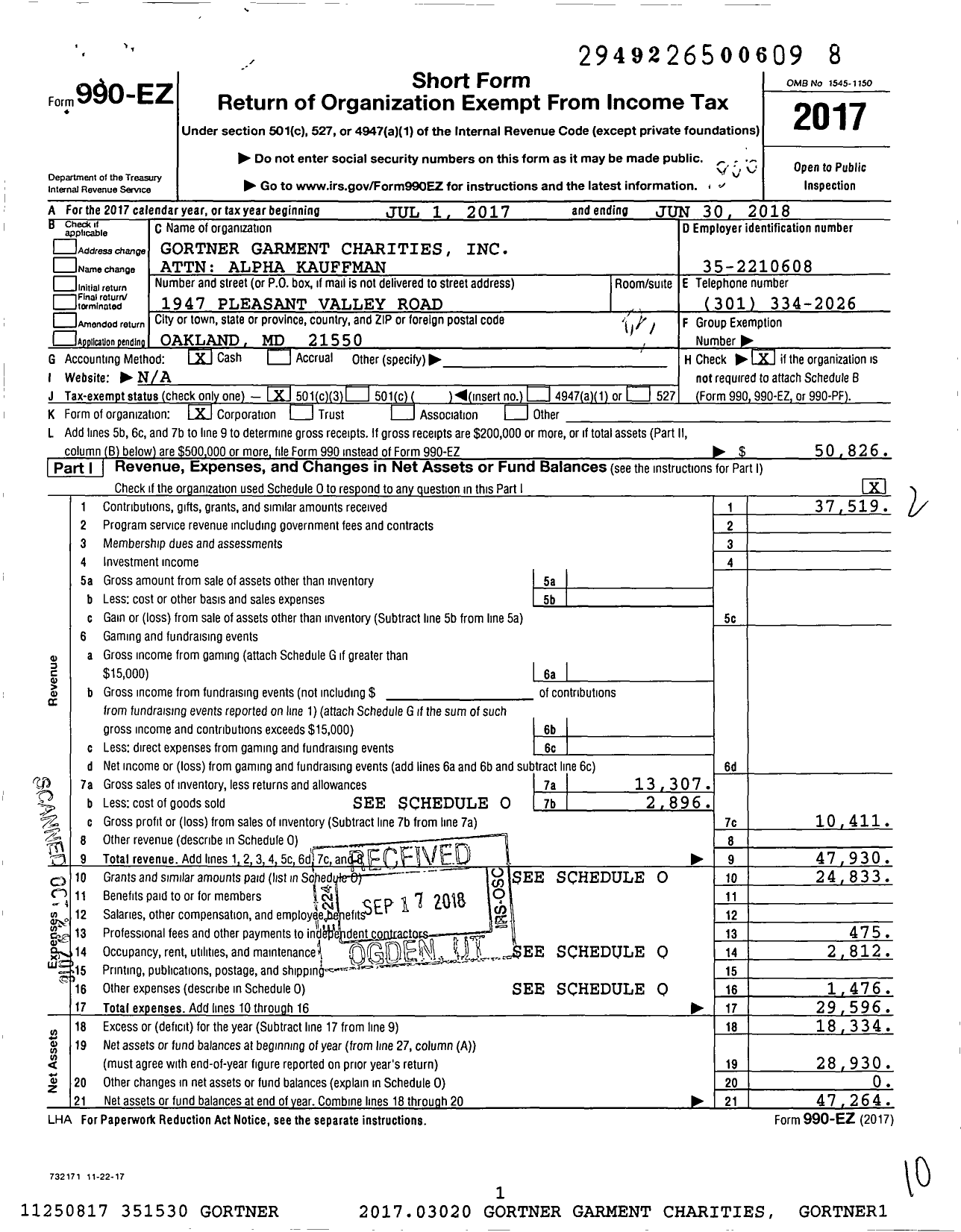 Image of first page of 2017 Form 990EZ for Gortner Garment Charities