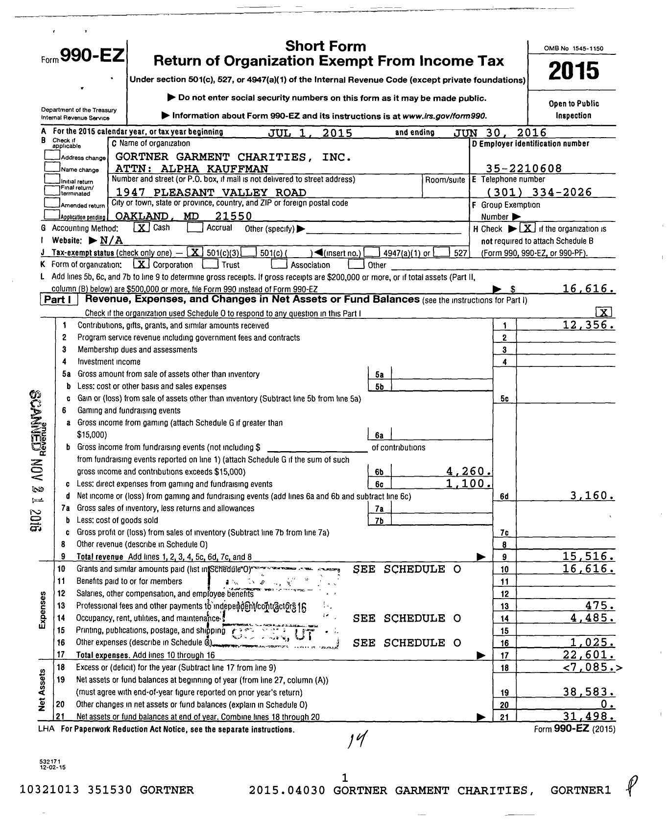 Image of first page of 2015 Form 990EZ for Gortner Garment Charities