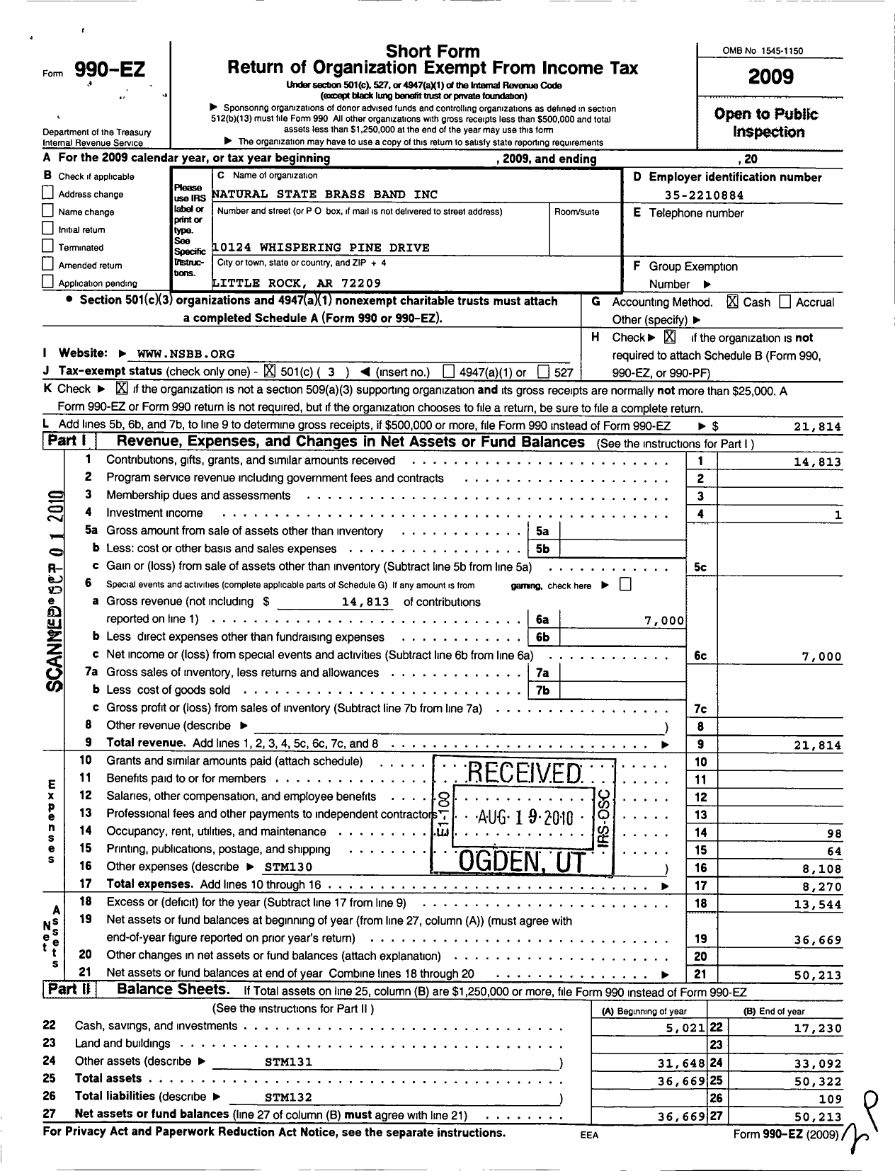 Image of first page of 2009 Form 990EZ for Natural State Brass Band