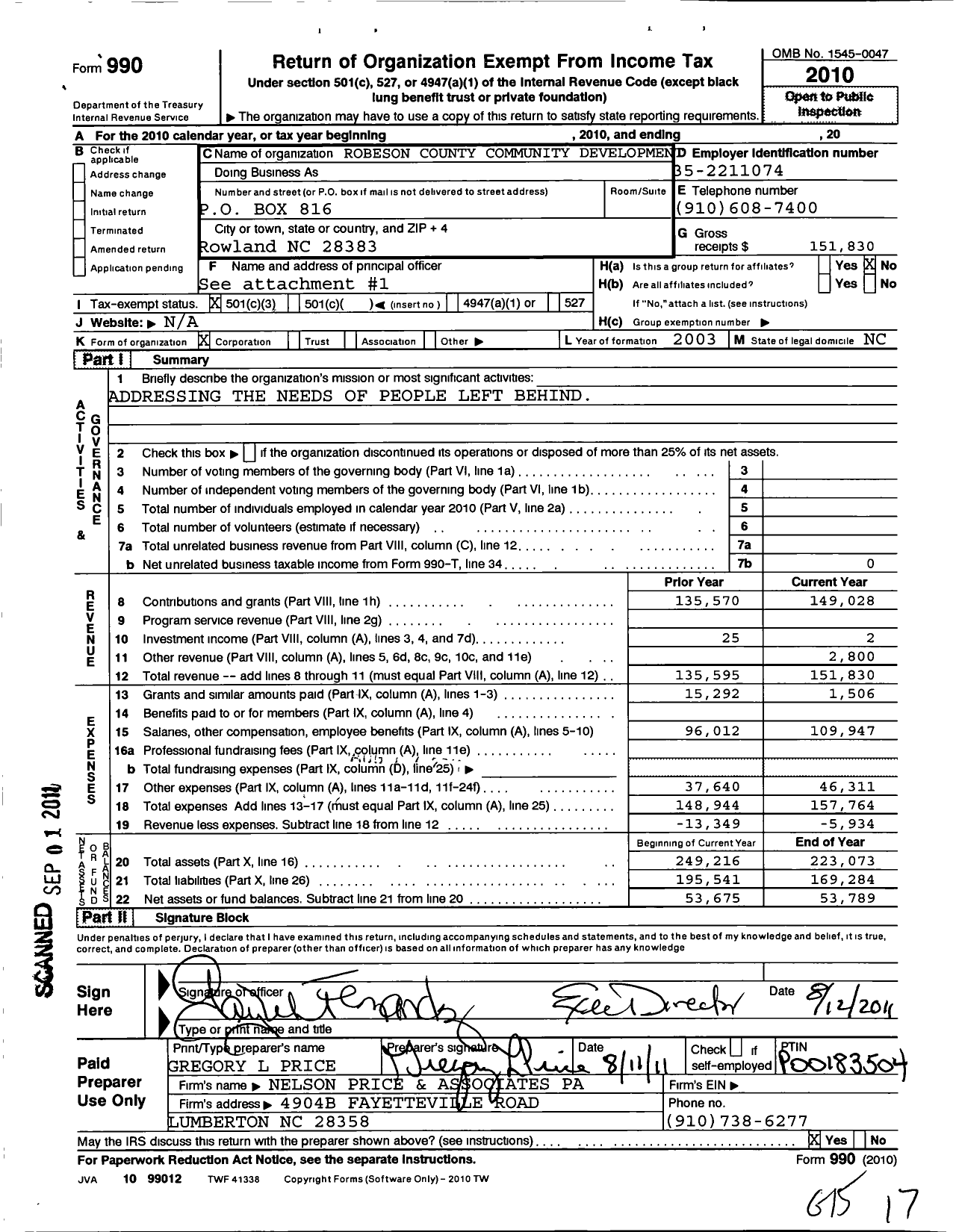 Image of first page of 2010 Form 990 for Robeson County Community Development Corporation