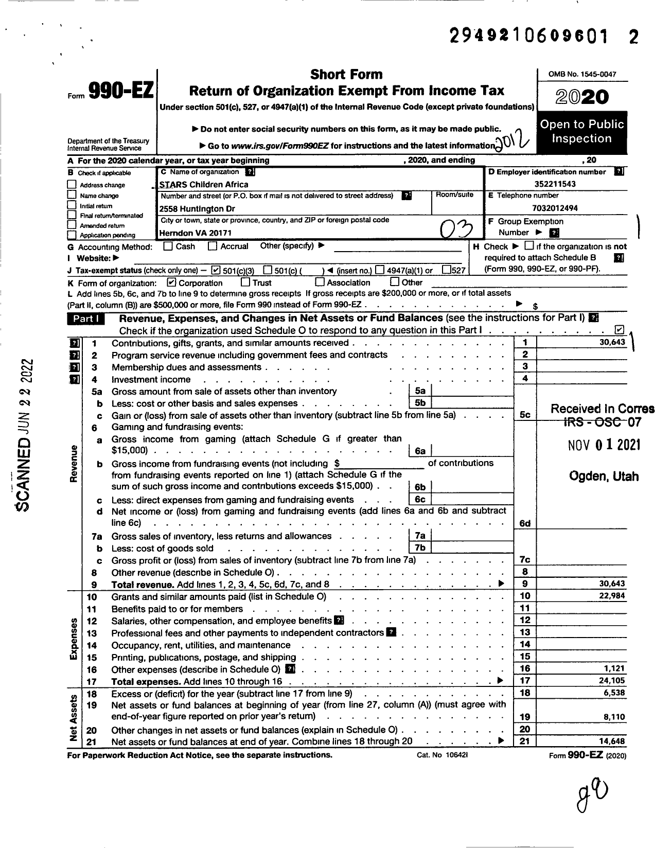 Image of first page of 2020 Form 990EZ for Stars Children Africa Incorporated