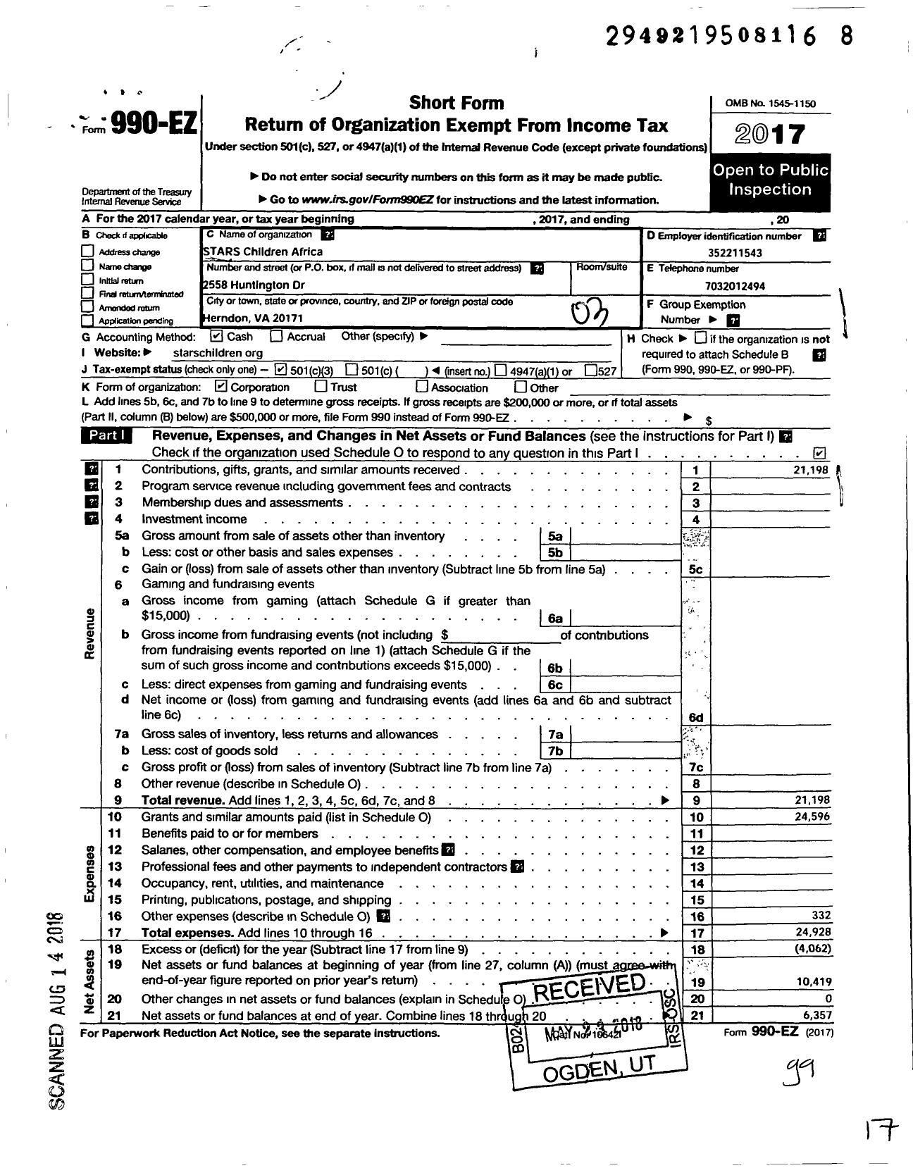 Image of first page of 2017 Form 990EZ for Stars Children Africa Incorporated