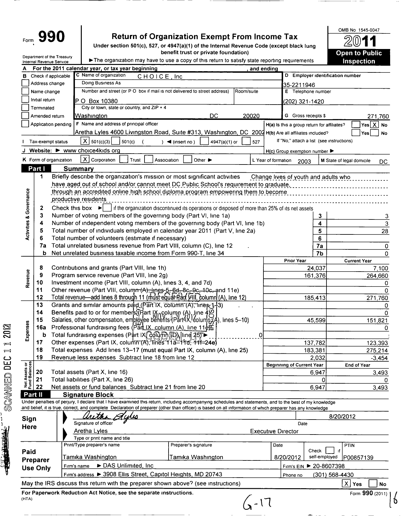 Image of first page of 2011 Form 990 for Children Having Opportunities In Changing Environments