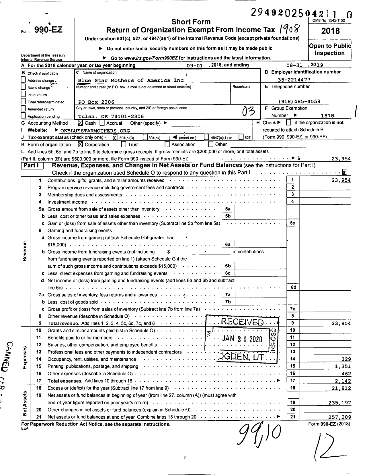 Image of first page of 2018 Form 990EZ for Blue Star Mothers of America / Ok1 Oklahoma Chapter