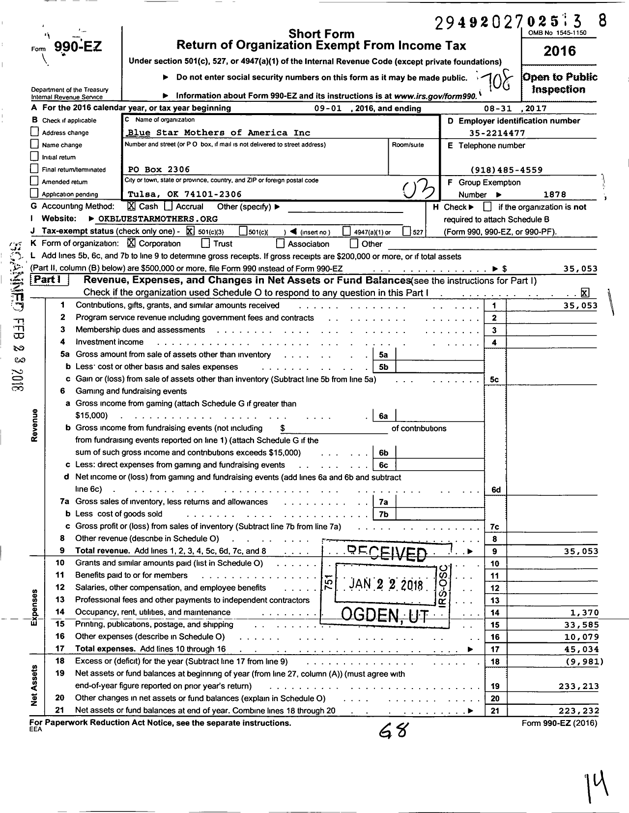 Image of first page of 2016 Form 990EZ for Blue Star Mothers of America / Ok1 Oklahoma Chapter