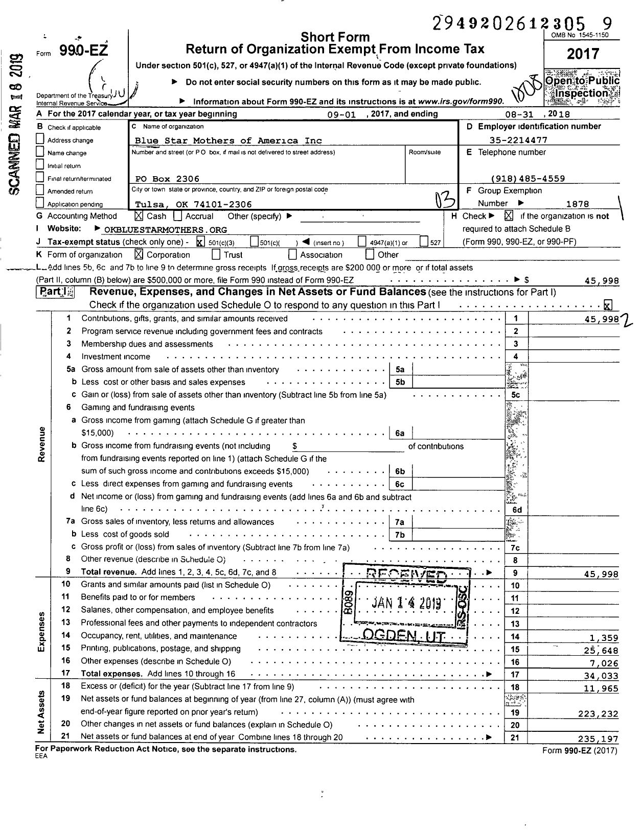 Image of first page of 2017 Form 990EZ for Blue Star Mothers of America / Ok1 Oklahoma Chapter