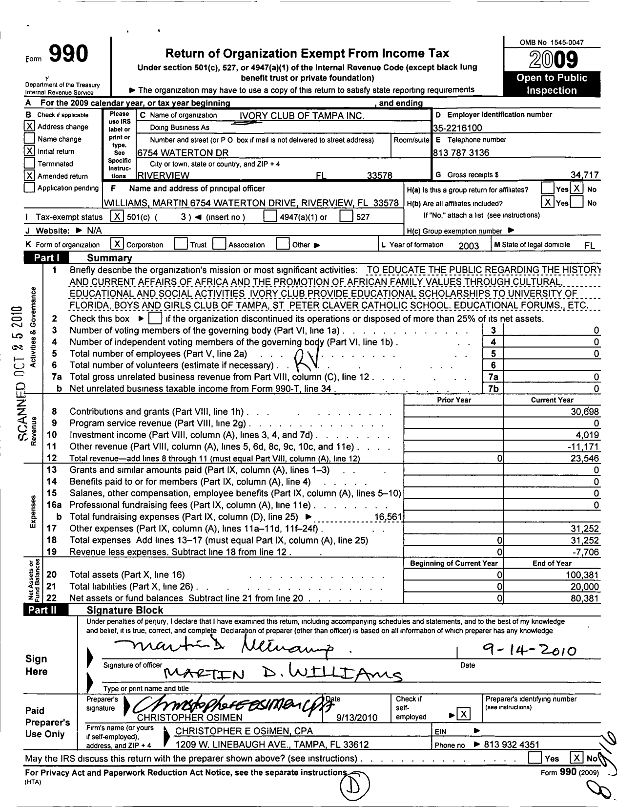 Image of first page of 2009 Form 990 for Ivory Club of Tampa