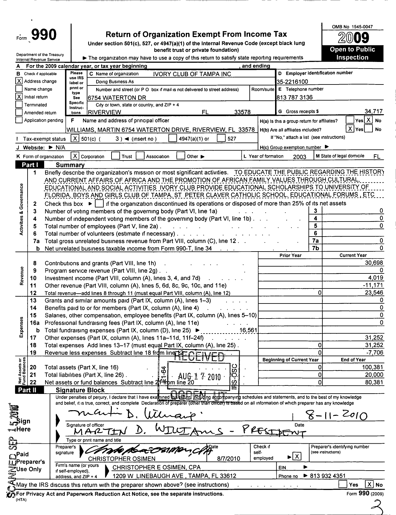 Image of first page of 2009 Form 990 for Ivory Club of Tampa