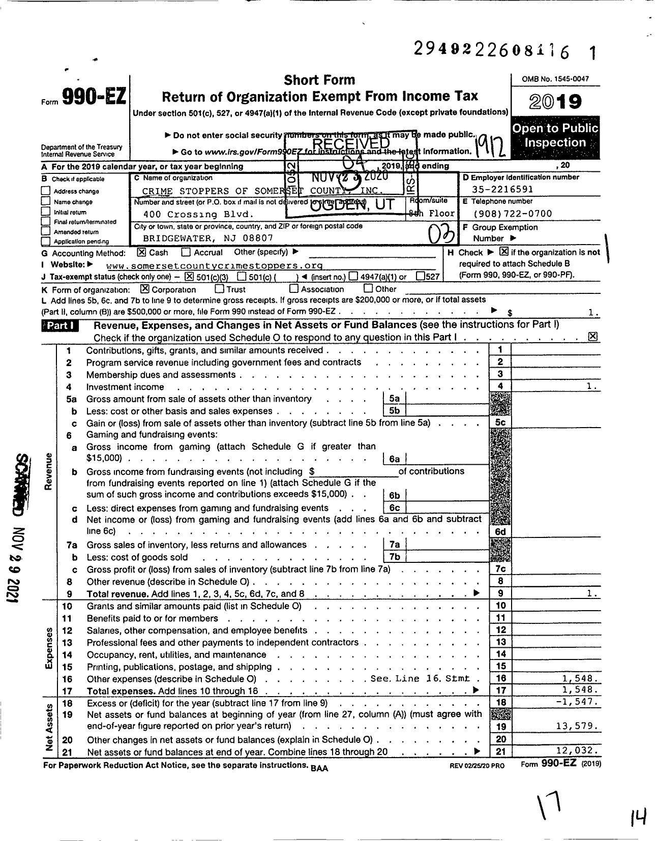 Image of first page of 2019 Form 990EZ for Crime Stoppers of Somerset County