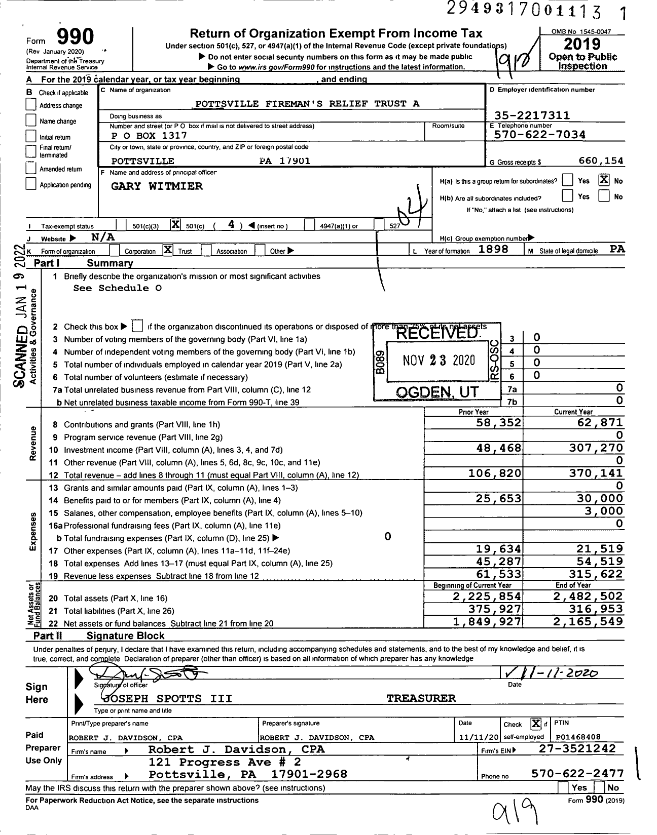 Image of first page of 2019 Form 990O for Pottsville Firemans Relief Trust Association