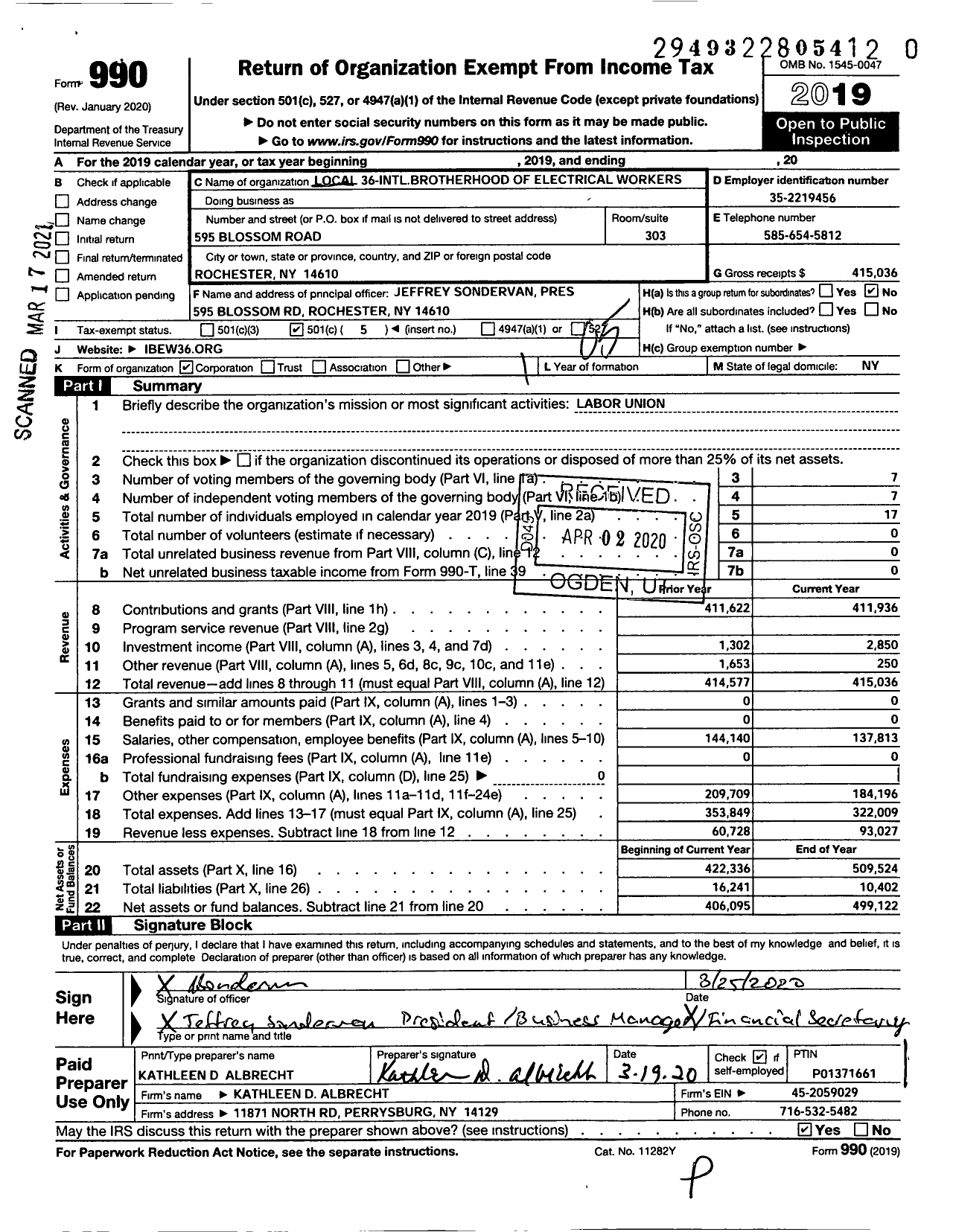 Image of first page of 2019 Form 990O for International Brotherhood of Electrical Workers - 0036 Local Union