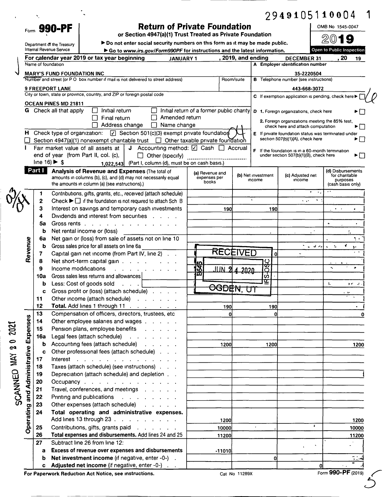 Image of first page of 2019 Form 990PF for Marys Fund Foundation