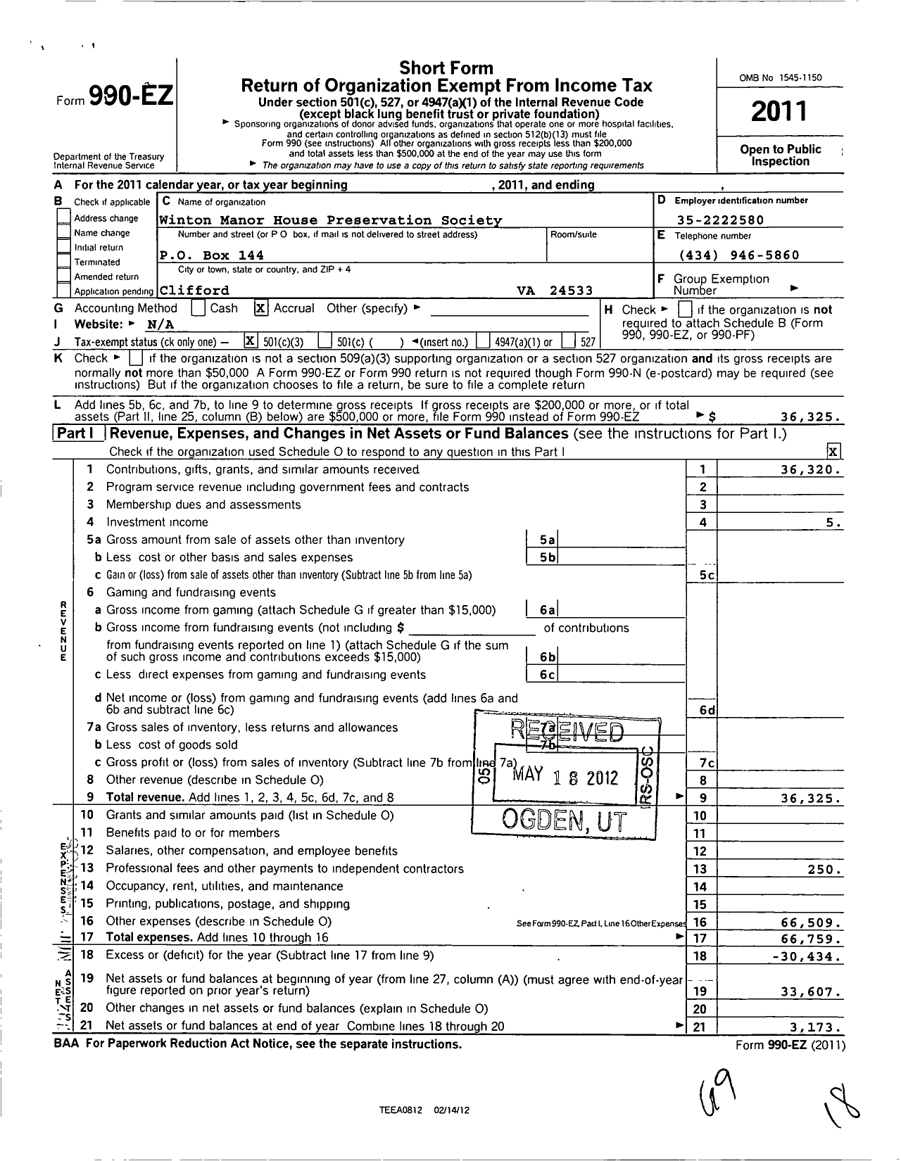 Image of first page of 2011 Form 990EZ for Winton Manor House Preservation Society