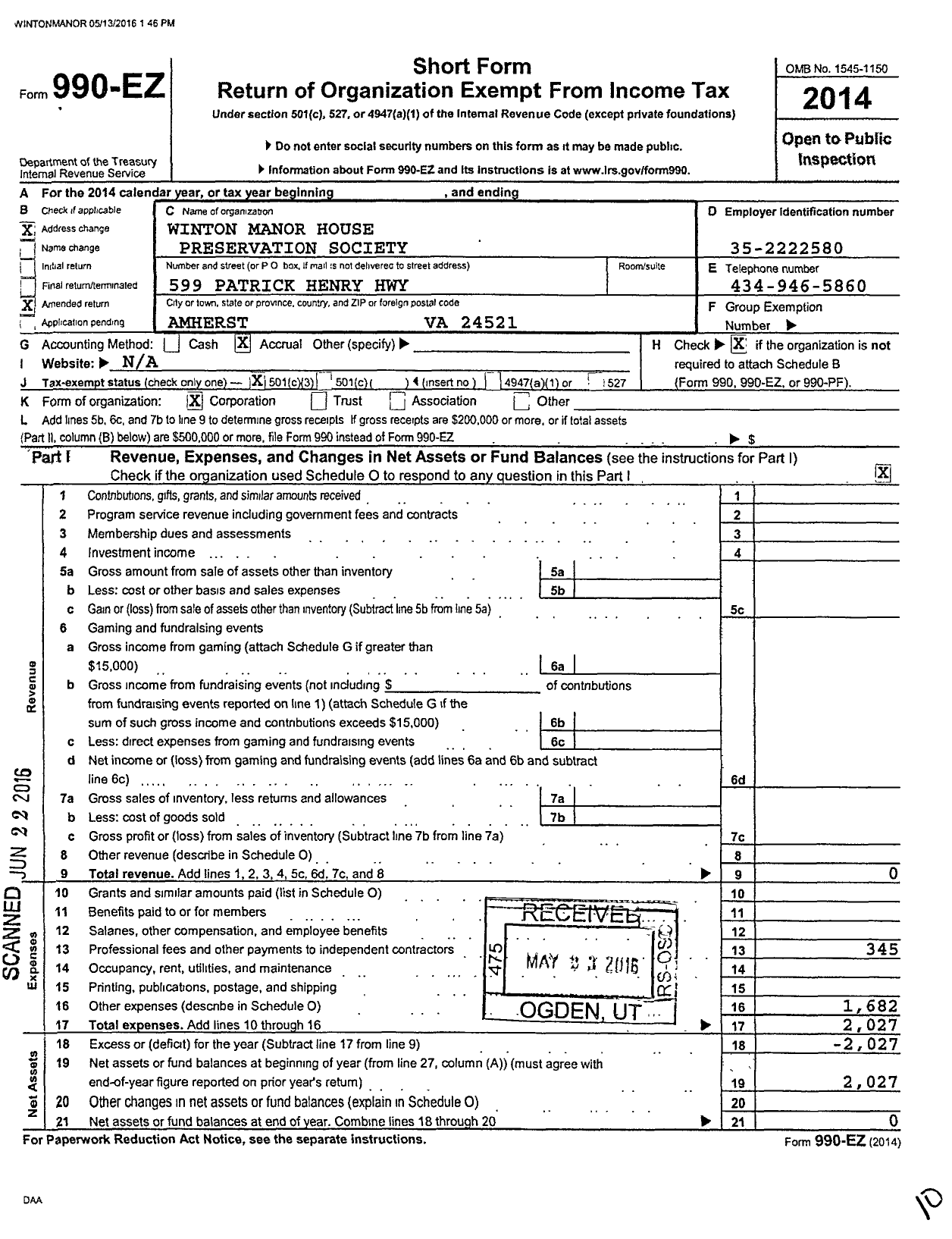 Image of first page of 2014 Form 990EZ for Winton Manor House Preservation Society
