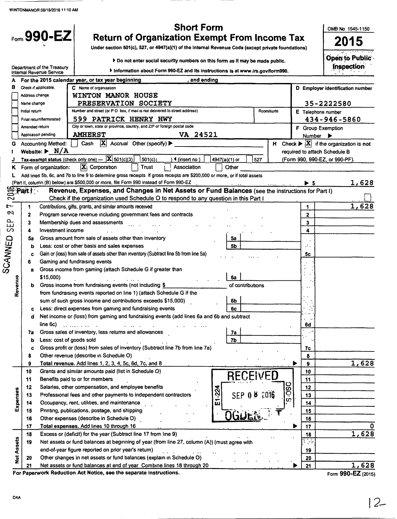Image of first page of 2015 Form 990EZ for Winton Manor House Preservation Society