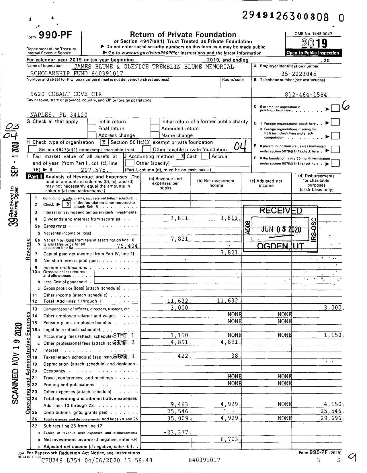 Image of first page of 2019 Form 990PF for James Blume and Glenice Tremblin Blume Memorial Scholarship Fund XXX-XX-XXXX