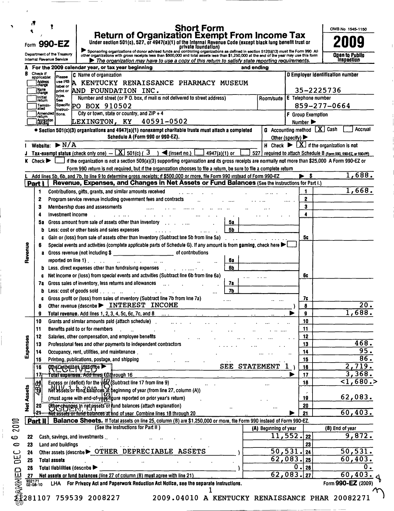 Image of first page of 2009 Form 990EZ for A Kentucky Renaissance Pharmacy Museum and Fountain