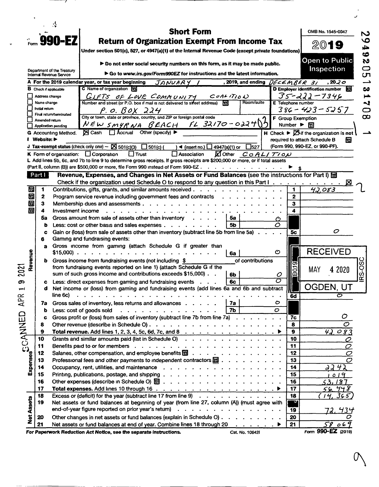 Image of first page of 2020 Form 990EZ for Gifts of Love Community Coalition