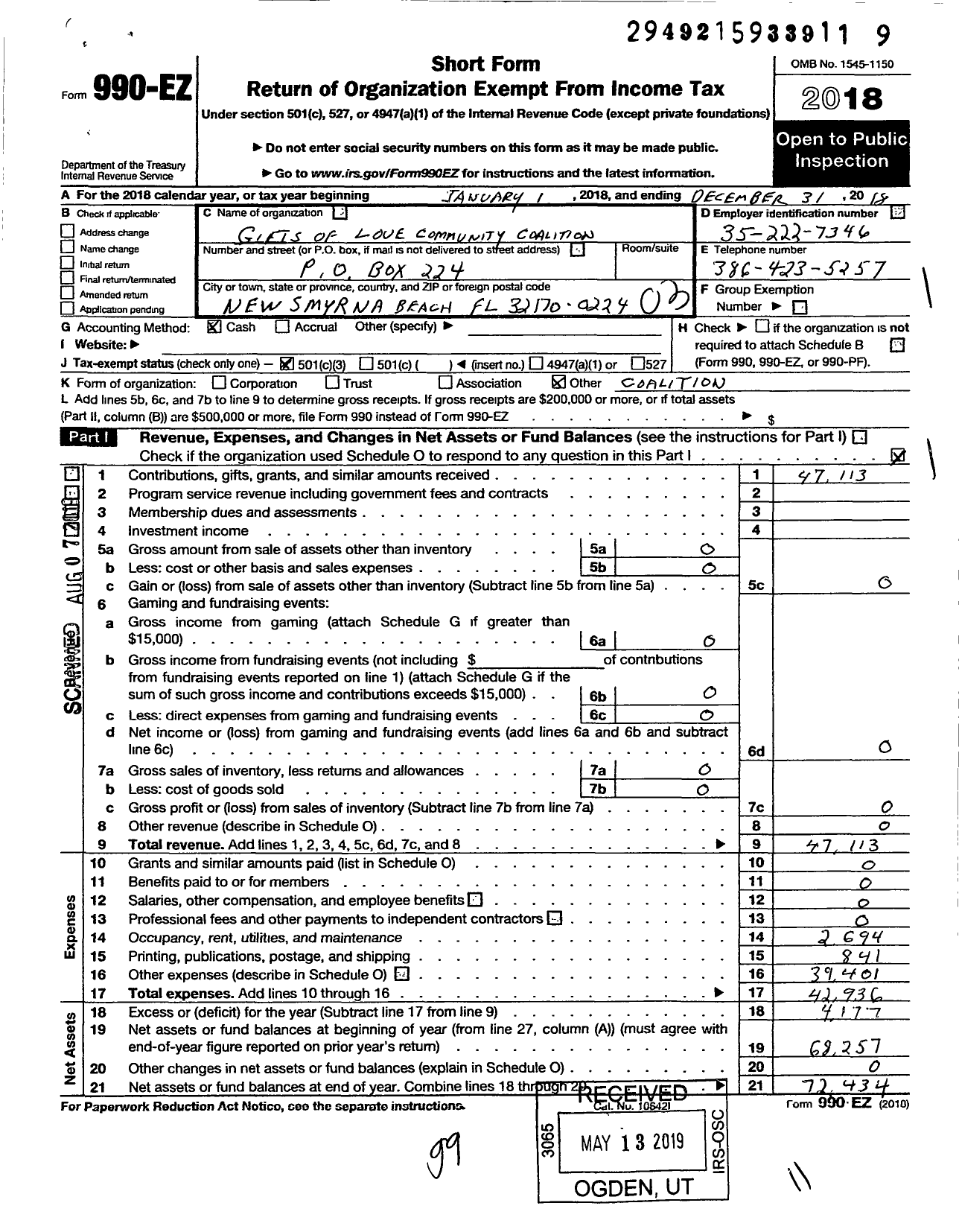 Image of first page of 2018 Form 990EZ for Gifts of Love Community Coalition