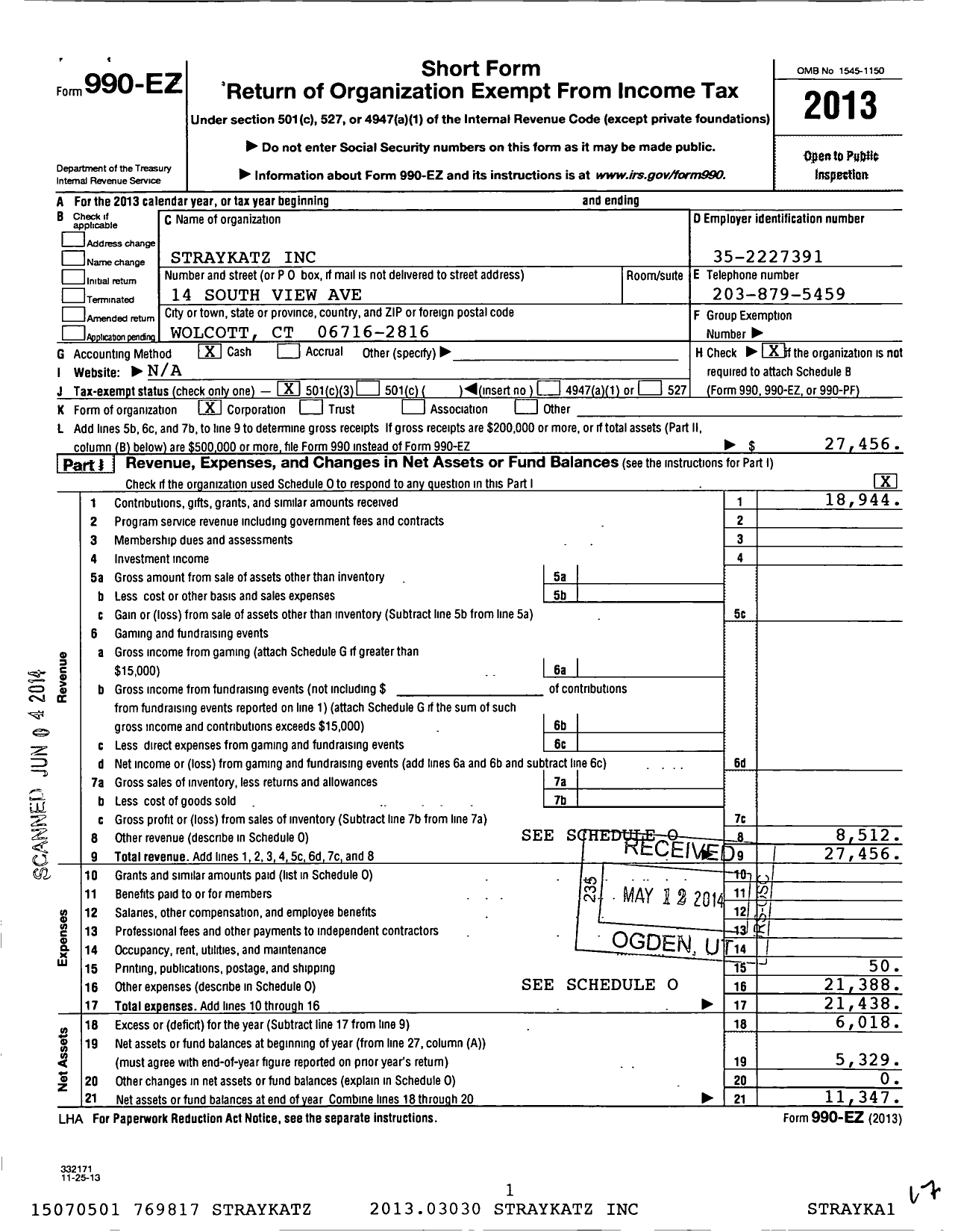 Image of first page of 2013 Form 990EZ for Straykatz