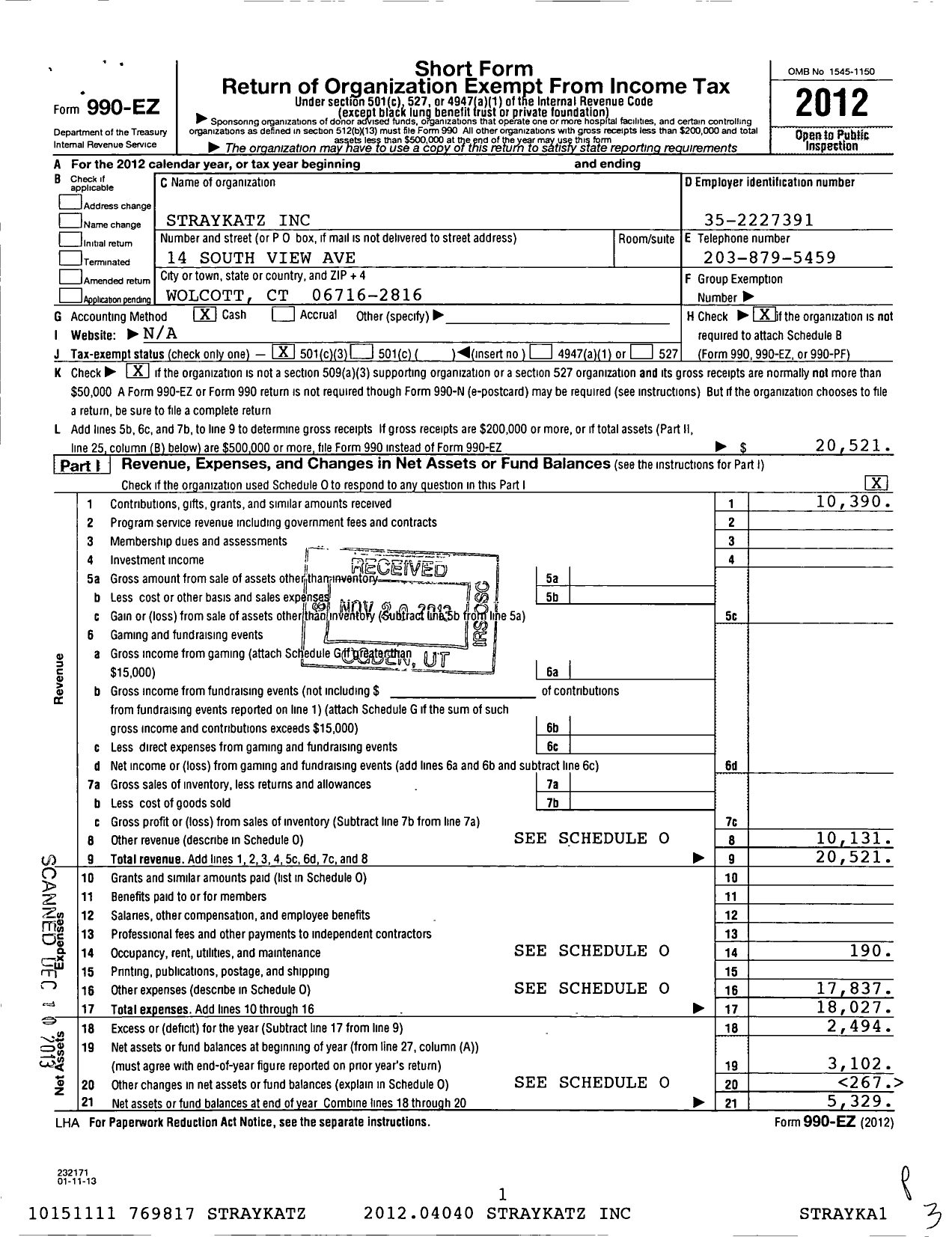 Image of first page of 2012 Form 990EZ for Straykatz