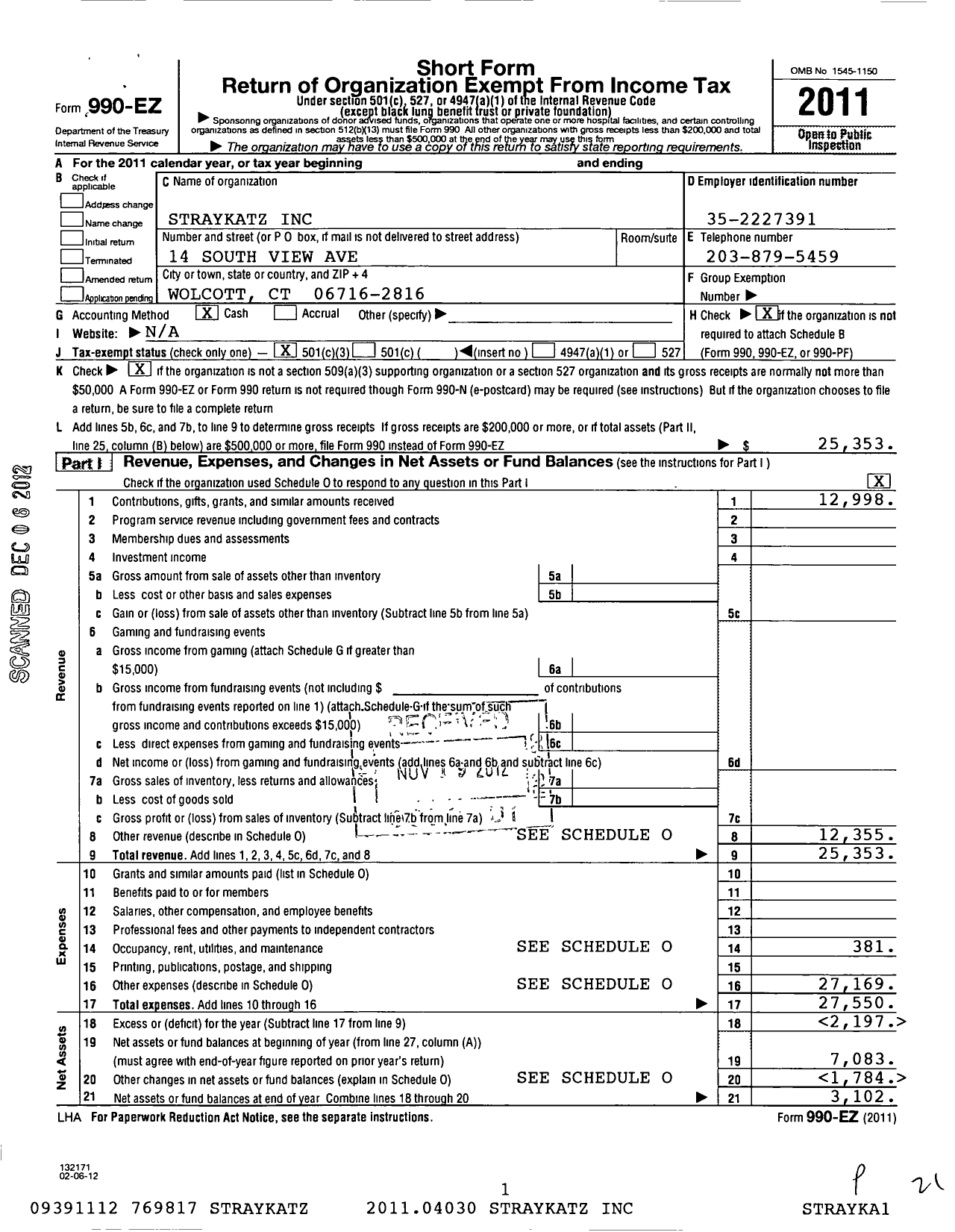 Image of first page of 2011 Form 990EZ for Straykatz