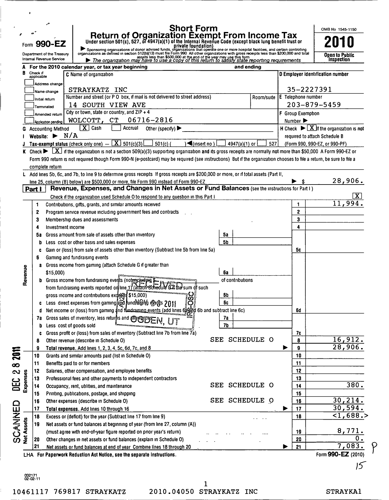 Image of first page of 2010 Form 990EZ for Straykatz