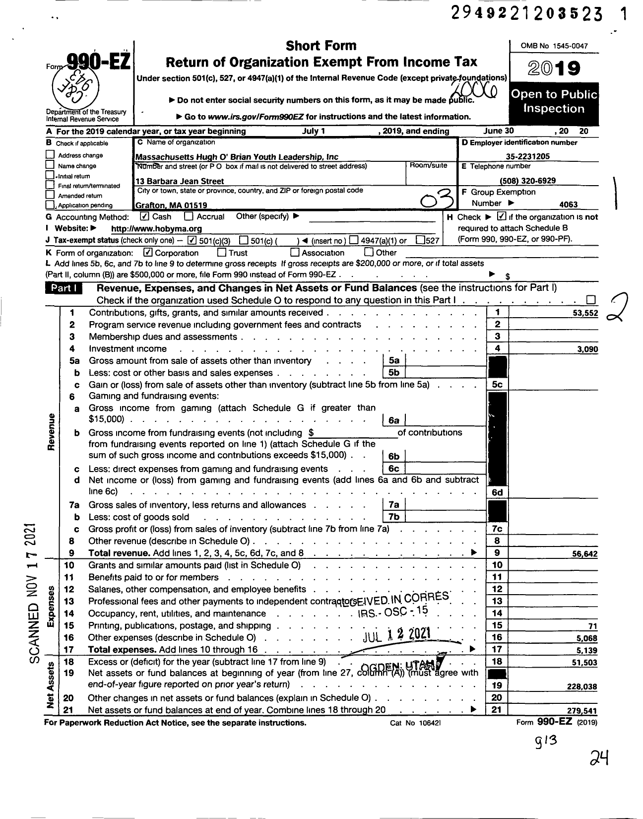 Image of first page of 2019 Form 990EZ for Hugh Obrian Youth Leadership / Massachusetts Hugh Obrian Youth Lea